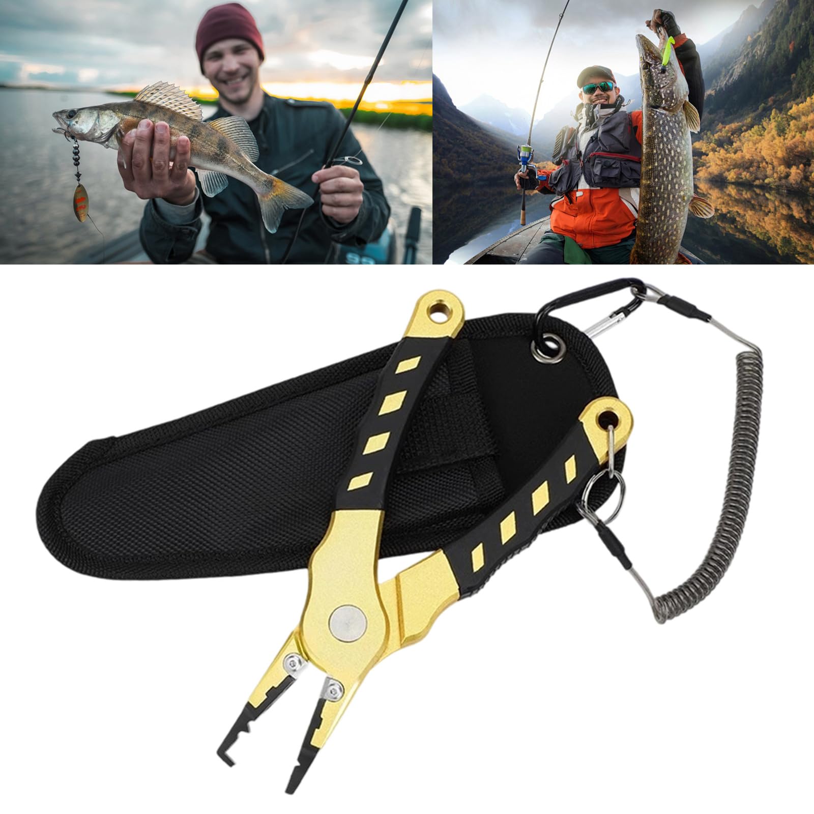 Alicates multifuncionales con vaina, cordón en espiral, alicates de pesca, trenzados, cortador de línea de pesca, anillos, abridor de ganchos, equipo de aluminio
