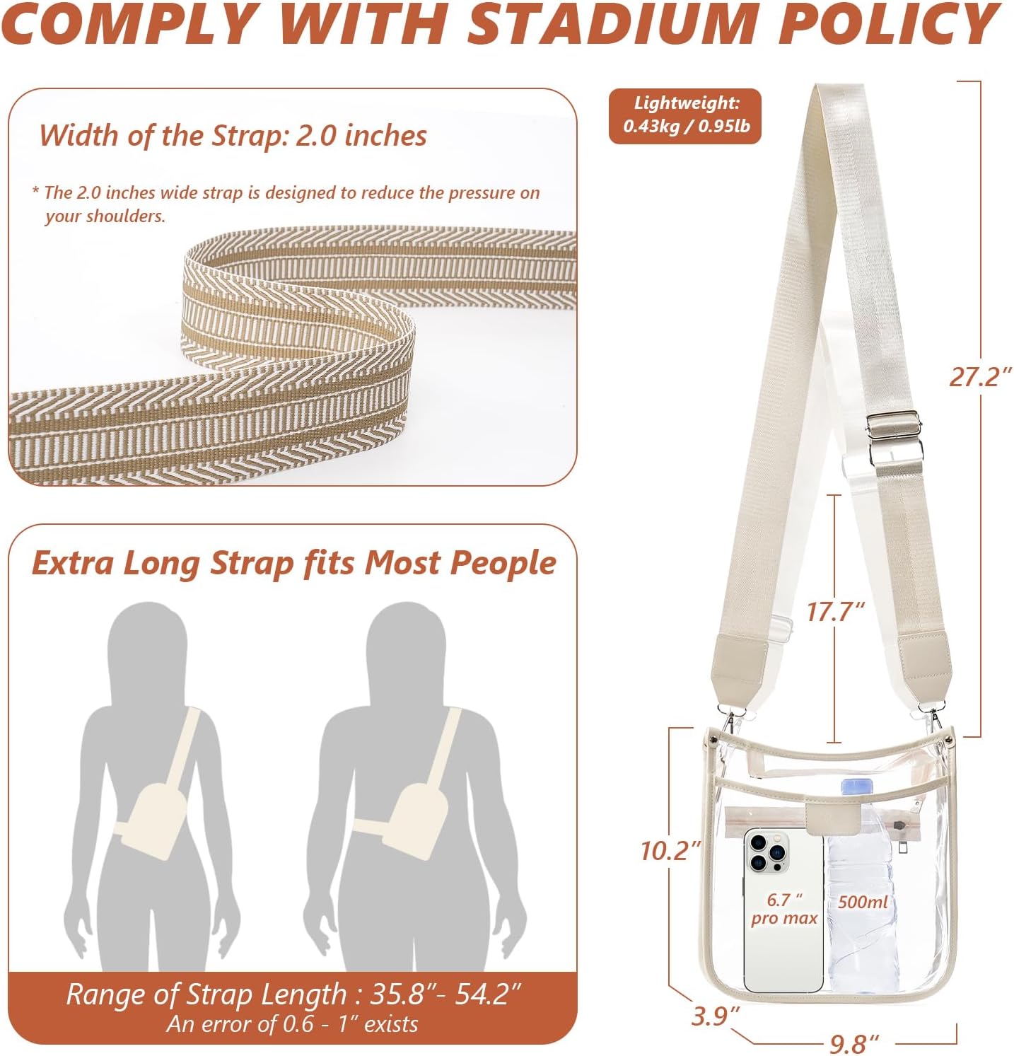 3 Pockets Large Clear Bag for Stadium Events with 2 Long Straps Purse for Women Crossbody Bag Concert Stadium Approved | 3 Pockets, Large, Stadium Events, 2 Long Straps, Concert, Stadium Approved - Image 5