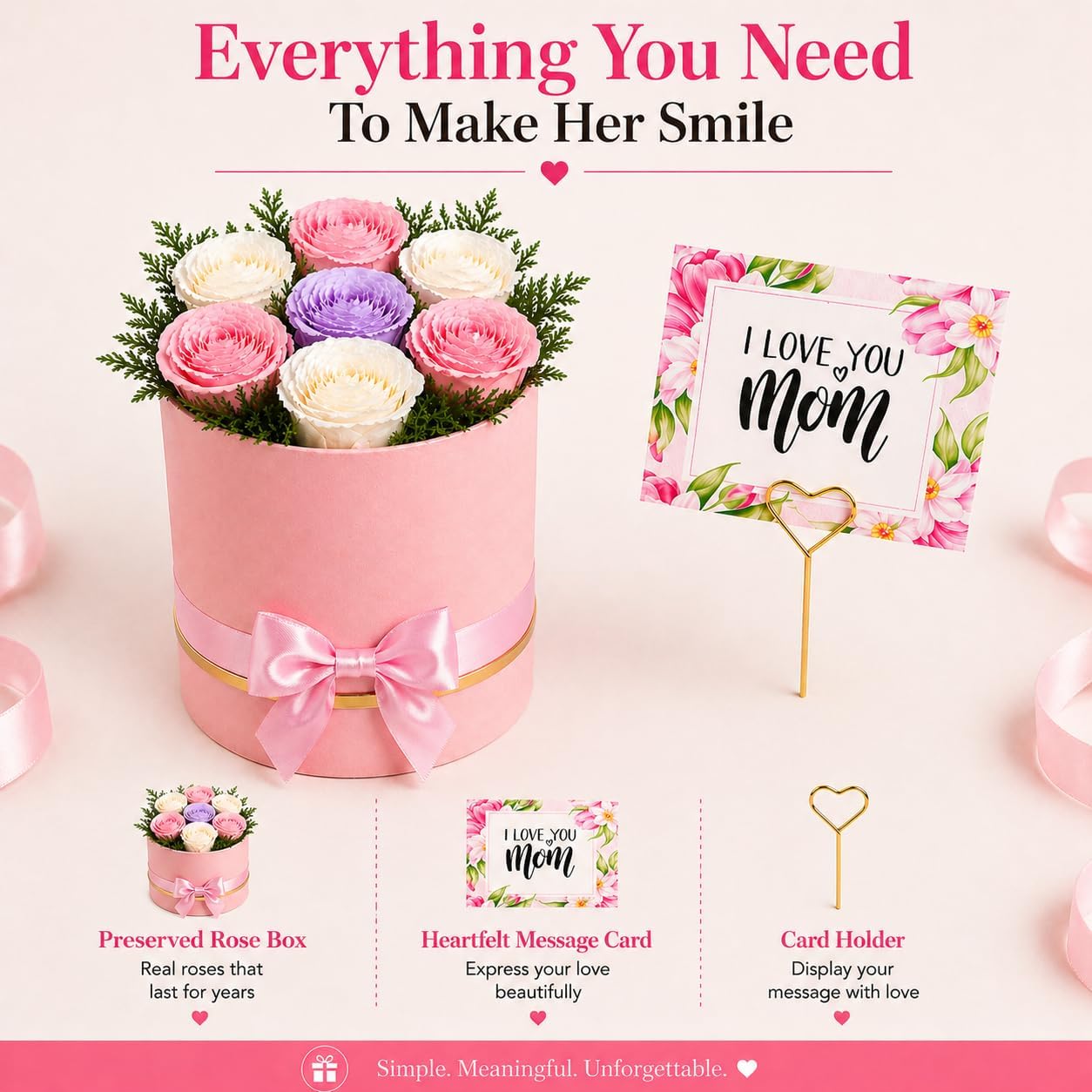 love & bloom Preserved Roses Gift for Mom – Forever Pink White Lavender Flower Arrangement with “I Love You Mom” Card, Long Lasting 3+ Years, Birthday, Thank You, Mother’s Day