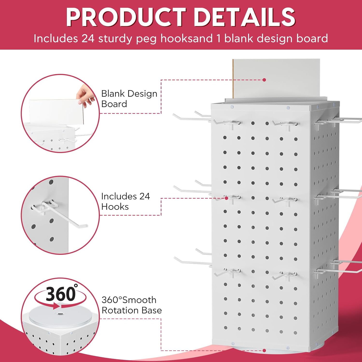 Rotating Pegboard Display Stand With 24 Hooks,Spinning Peg Board Displays,Tabletop Metal Pegboard Shelf for Craft Shows & Fairs, Retail Stores, Vendors Arts and Crafts (White)