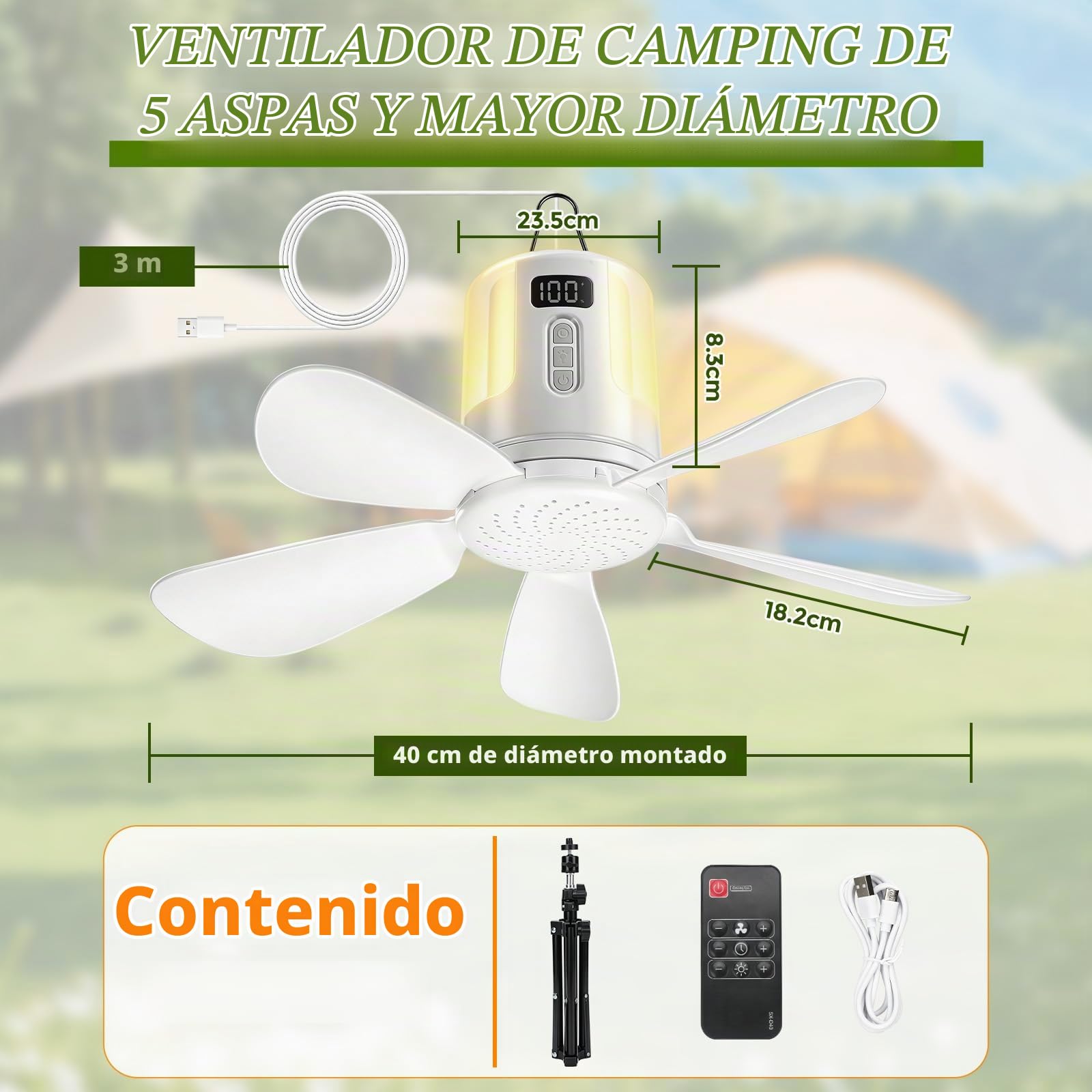 Roadtime Ventilador de techo de 40 cm portátil con iluminación LED y mando