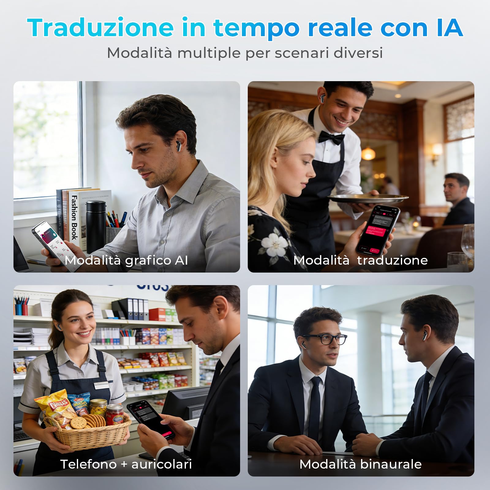 Cuffie Traduttore Simultaneo IA, Traduzione Vocale 165 Lingue, 9 Modalità, Bluetooth 6.0, 48H Autonomia, Riduzione Rumore ENC, Auricolari Traduttore Wireless per Viaggi, Studio e Lavoro
