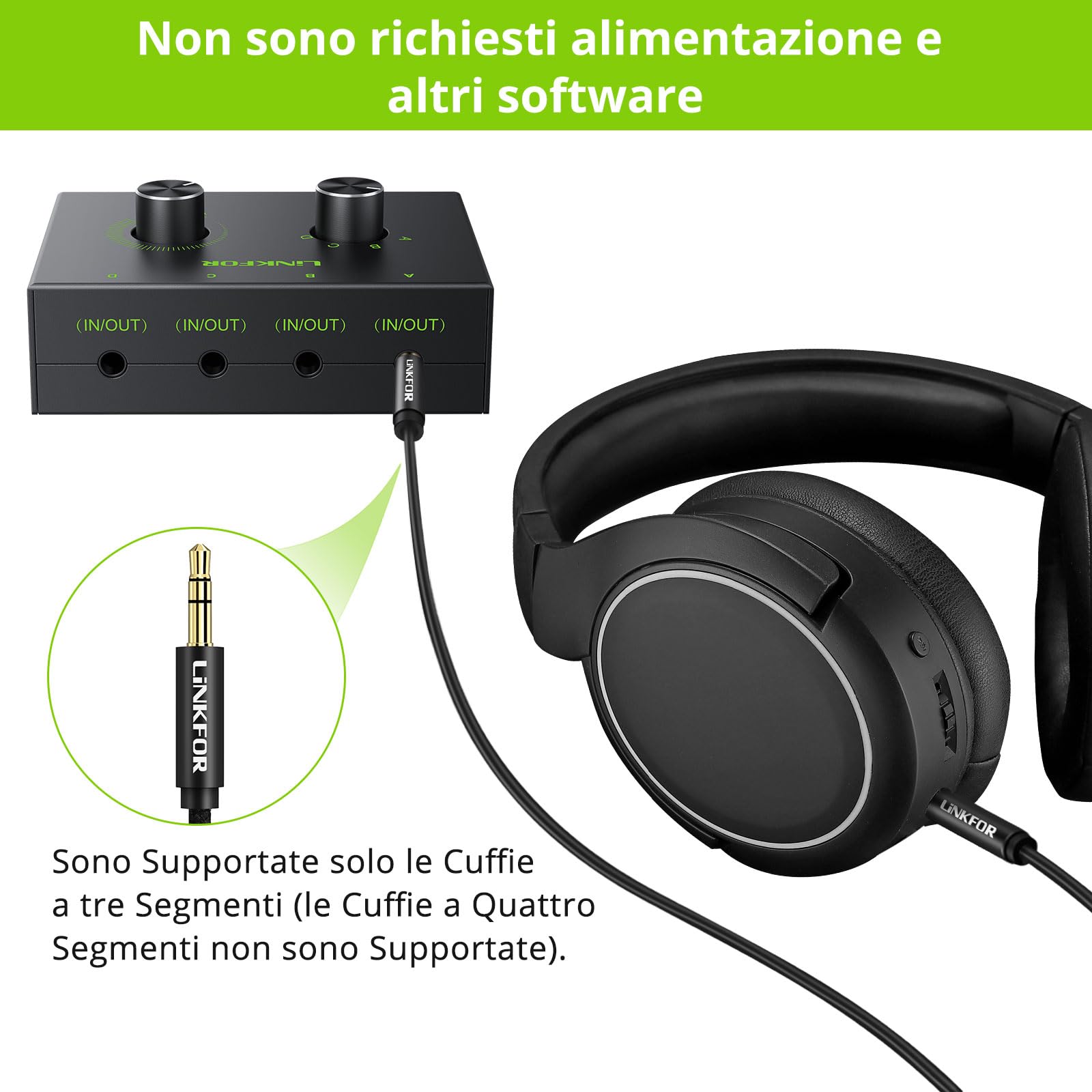LiNKFOR 4 Vie Switcher Audio da 3,5 mm Regolabile Volume con 3.5 mm Cavo Audio 4(1)-in-1(4)-Out 3.5 mm Audio Switch per Altoparlante Passivo Cuffie Selettore Manuale Splitter Box Condivisione Audio