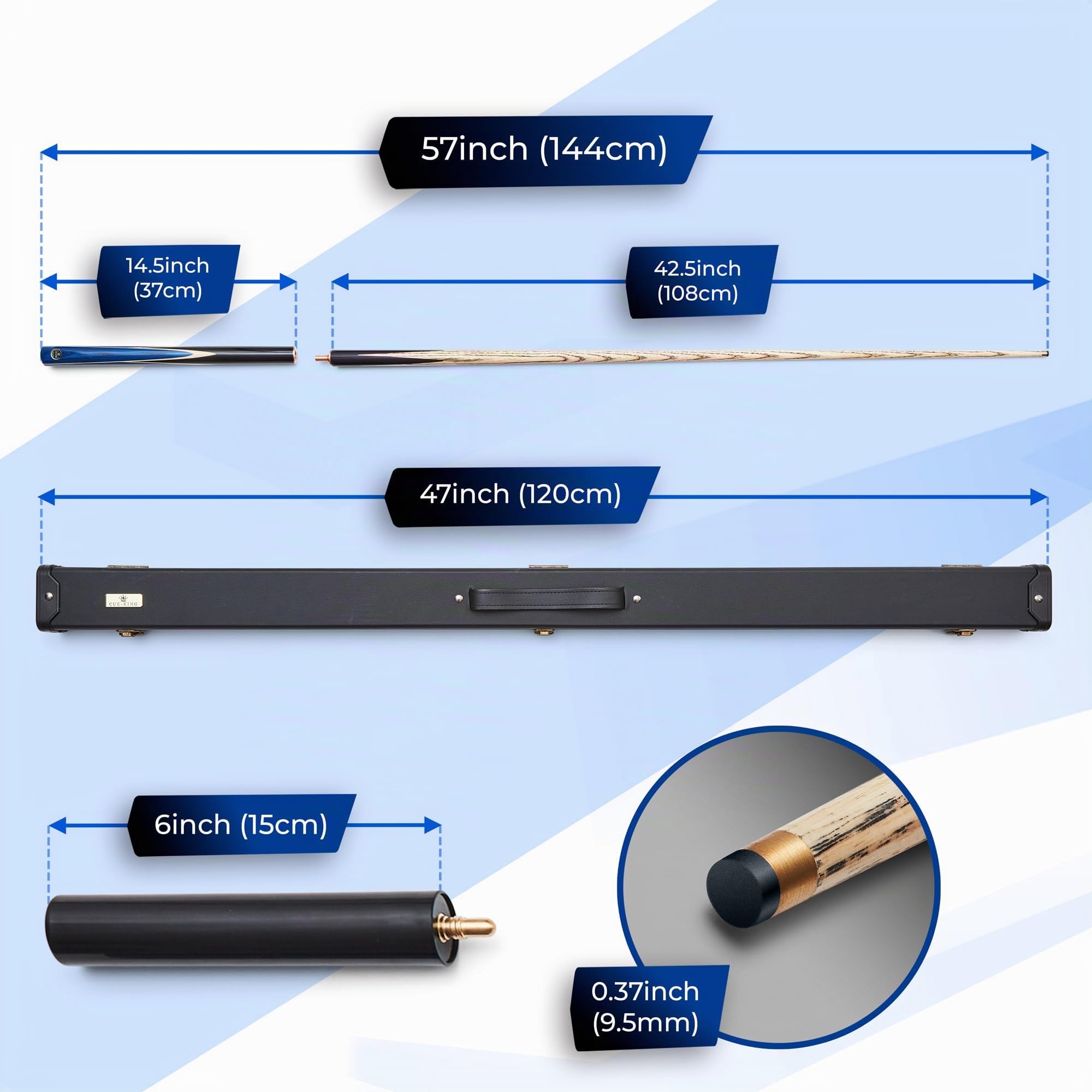 Cue-King PRO Series 001 Stecca da Biliardo, Stecca da Biliardo, Fatta a Mano 57" 19 Once 3/4 snodata con Custodia Stecca Blu con Custodia Rigida Protettiva, Estensione e Asciugamano in Microfibra