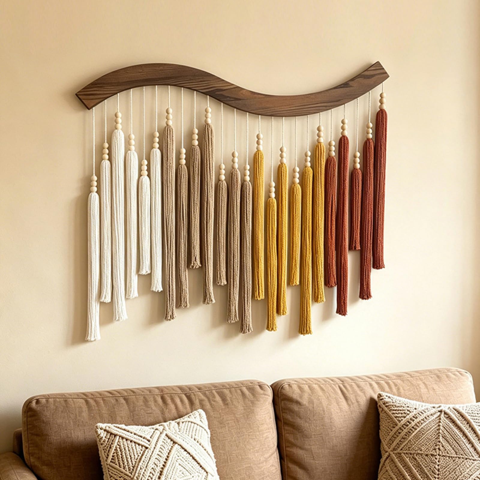 YHXBD Boho makrama wisząca na ścianę, retro ręcznie wykonana bawełniana lina drewniany koralik frędzle gobelin dekoracja ścienna, do sypialni salonu biura mieszkania ozdoba, brązowy, 80 x 70 cm