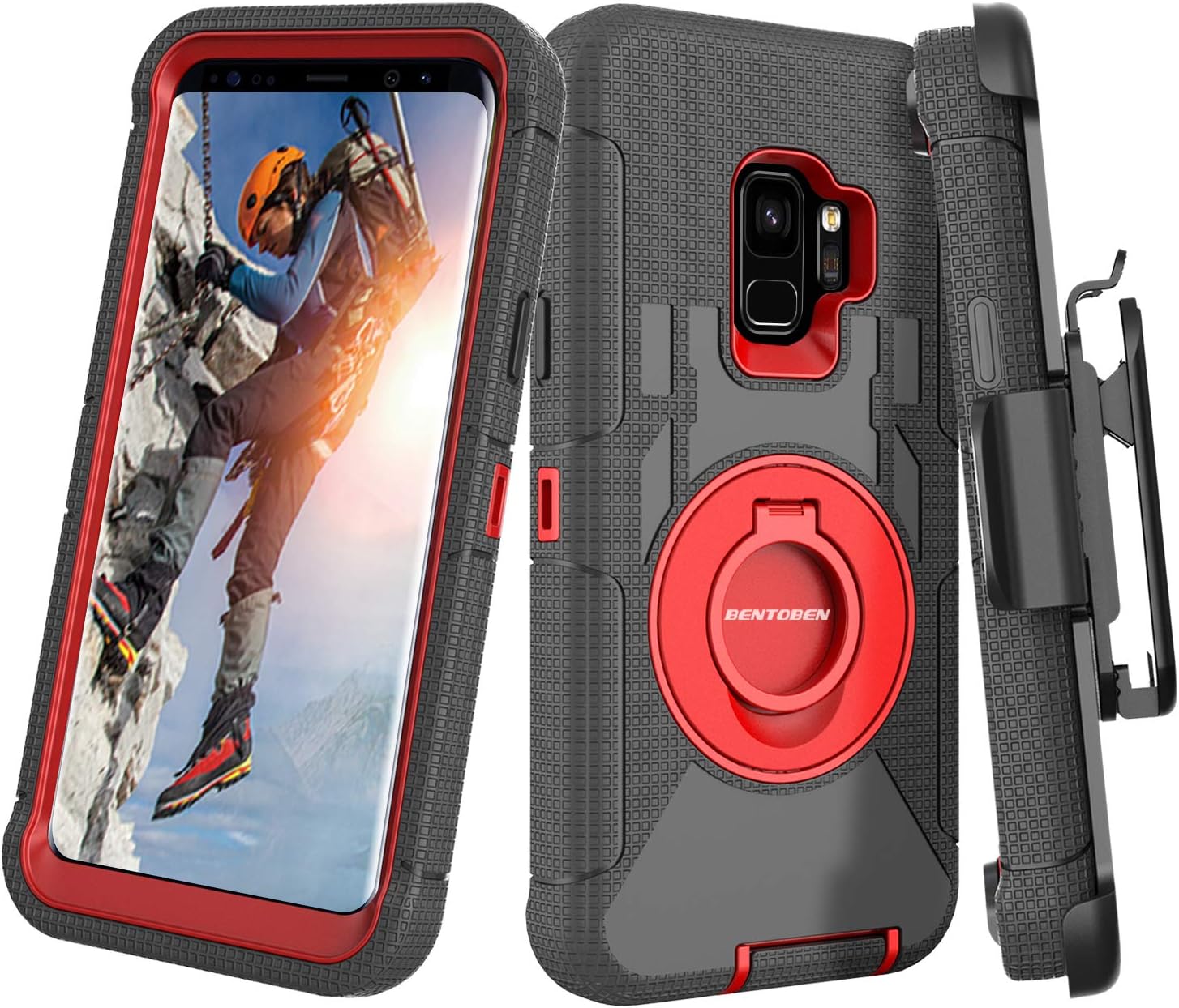 Galaxy S9 Case, Samsung Galaxy S9 Case, BENTOBEN Shockproof Heavy Duty Kickstand Swivel Belt Clip Hybrid Full Body Rugged Holster Protective Phone Case Cover for Samsung Galaxy S9 (SM-G960U),Black/Red