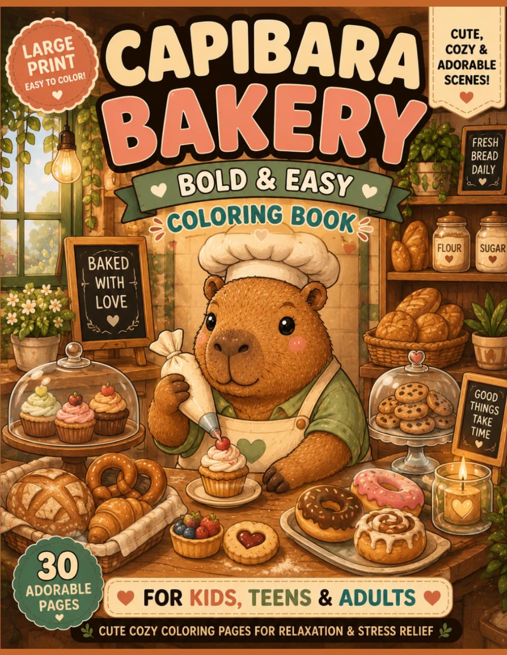 Capybara Bakery Coloring Book: 30 Cute & Cozy Bakery Scenes | Bold and Easy Coloring Pages for Relaxation, Stress Relief, Teens & Adults (Cozy Capybara Coloring Book)