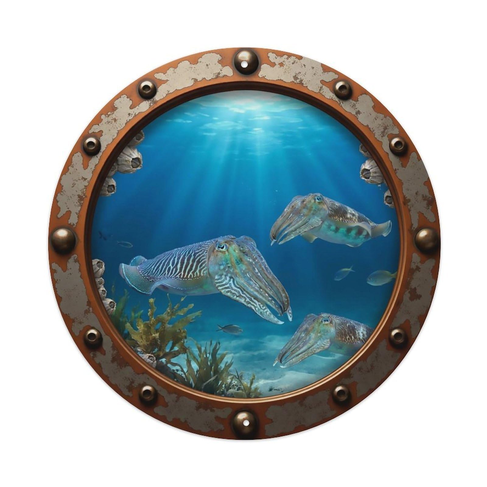 Vintage Porthole Cuttlefish Nautical Window View Metal Tin Sign