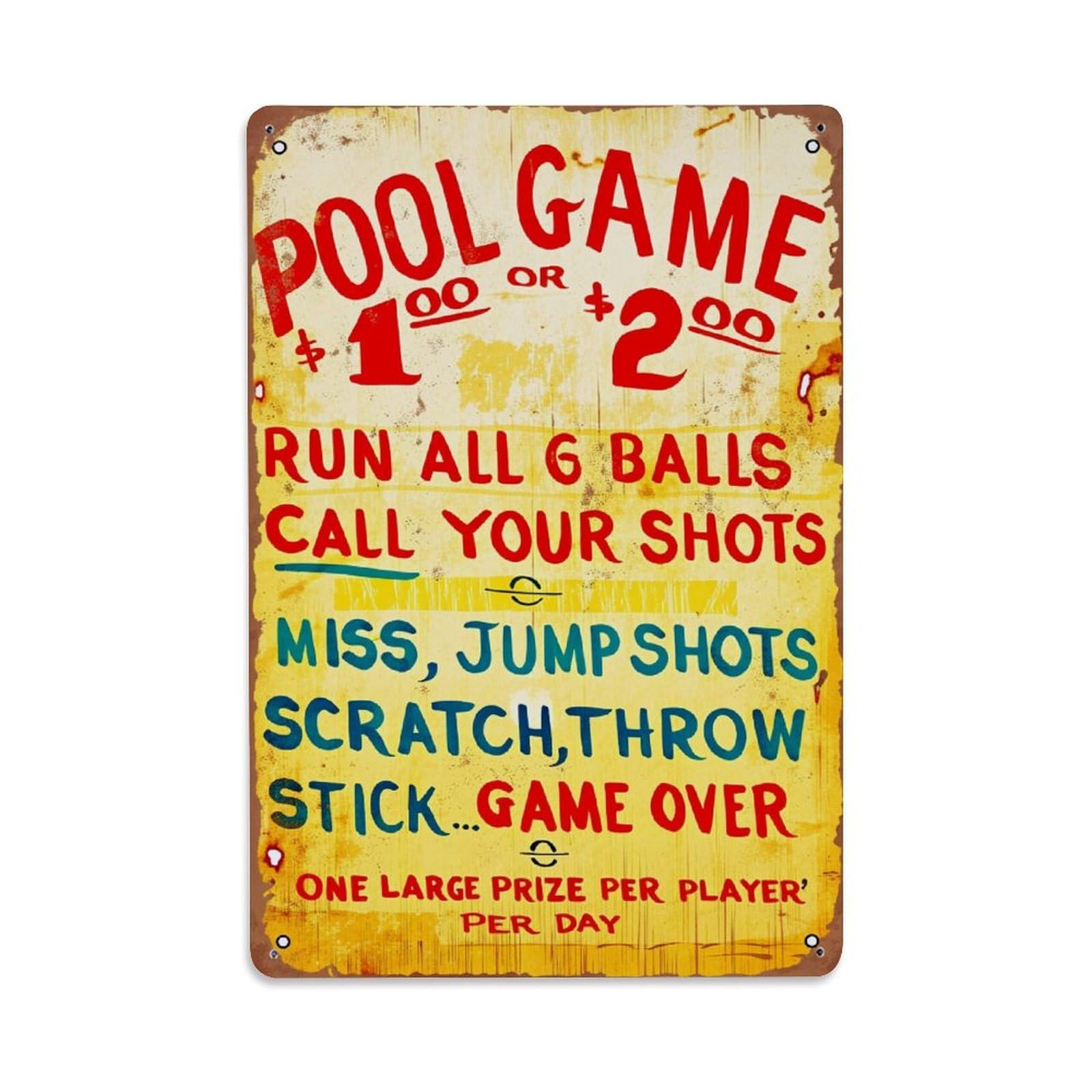 Pool Game Rules Sign Retro Metal Tin Sign, Vintage Decor Art Poster for Bar, Home, Man Cave, Kitchen, Laundry Room Gift 8x12Inch
