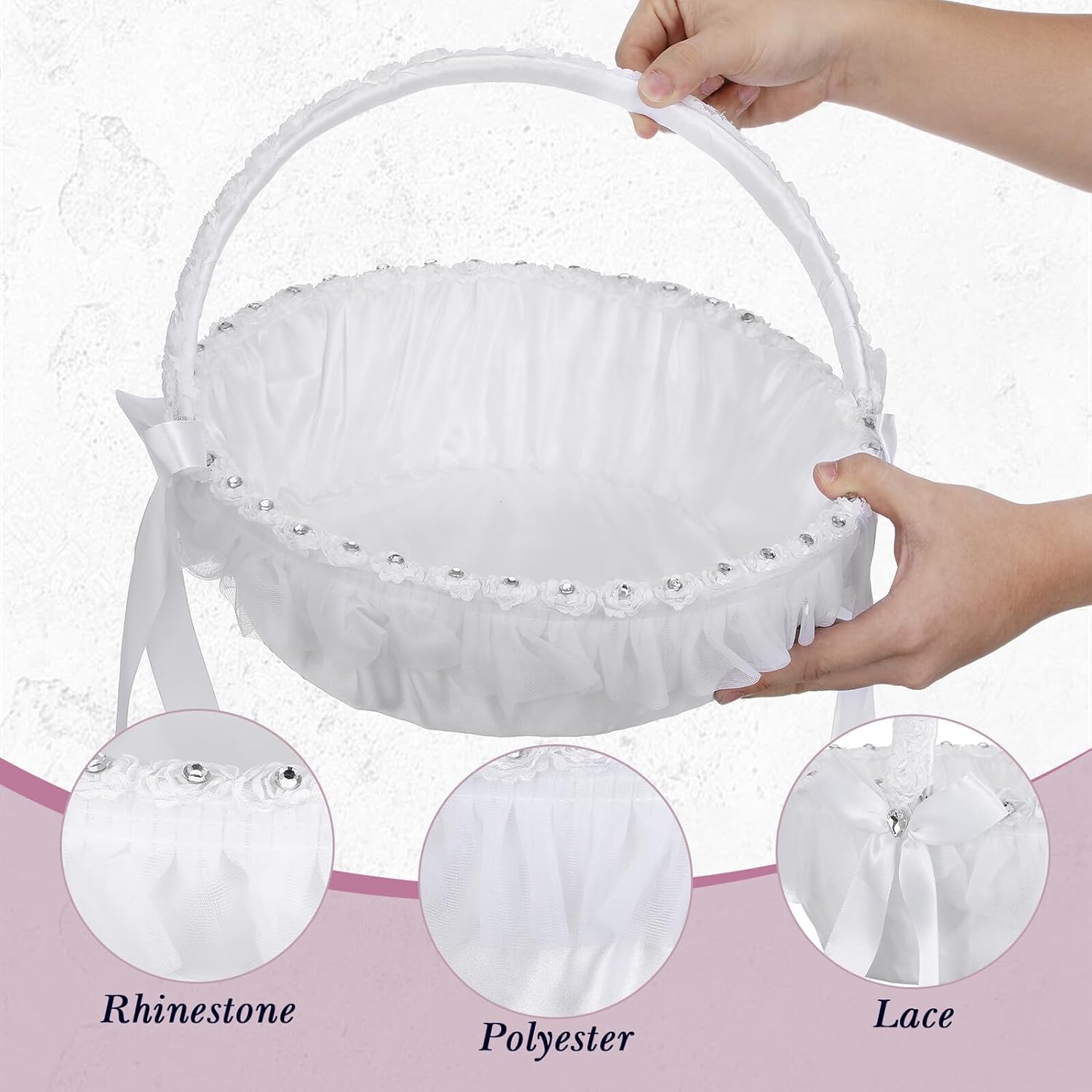 Mipcase Wedding Flower Basket for Bride Handheld Lace Flower Girl Basket with Rhinestone and Polyester European Style for Bridal Shower and Party Supplies