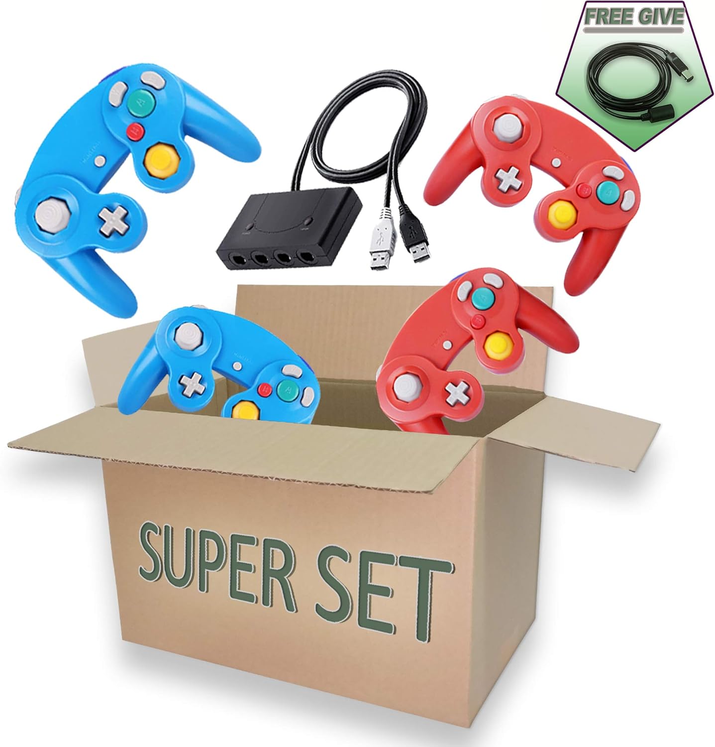 Gamecube Controller Series Accessories Bundle, Includes 4 Gamecube Controller, 4 Extension Cords and a Gamecube Adapter for Nintendo Wii U/Switch/PC (2 Blue,2 RED)
