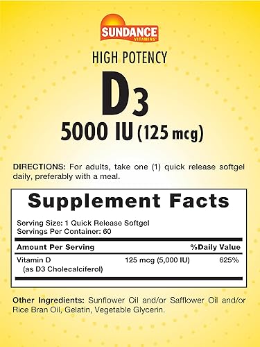 Miniatura 2 de Sundance Vitamina D3 5,000 UI  60 cápsulas blandas de liberación rápida  Suplemento vitamínico esencial de alta potencia  Suplemento sin OMG y sin