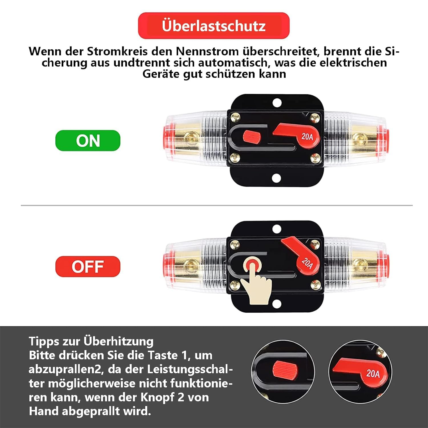 2 sztuki samochodowych uchwytów bezpiecznikowych 12 V-24 V DC Inline, wyłącznik automatyczny, wyłącznik automatyczny (20 A)