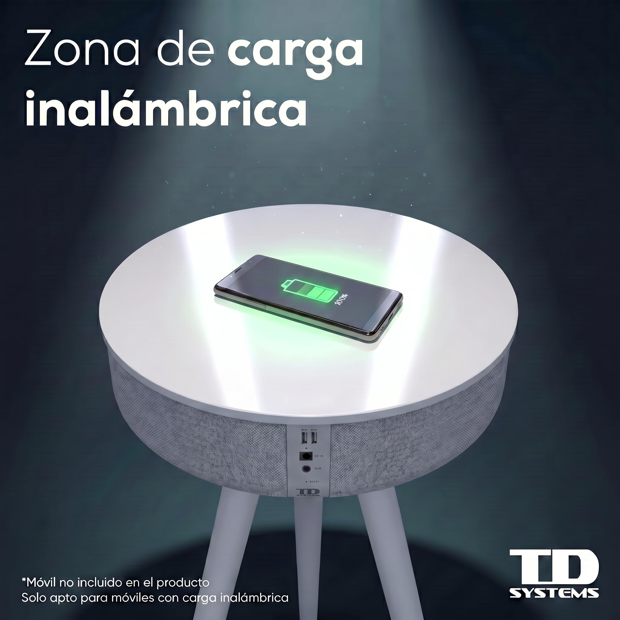TD Systems - Mesilla Altavoz Bluetooth 30W con Carga Inalámbrica y USB, Mesa Auxiliar con Altavoz Integrado, Batería Recargable, Madera y Lacado Blanco para Salón y Dormitorio | SM30B11WB