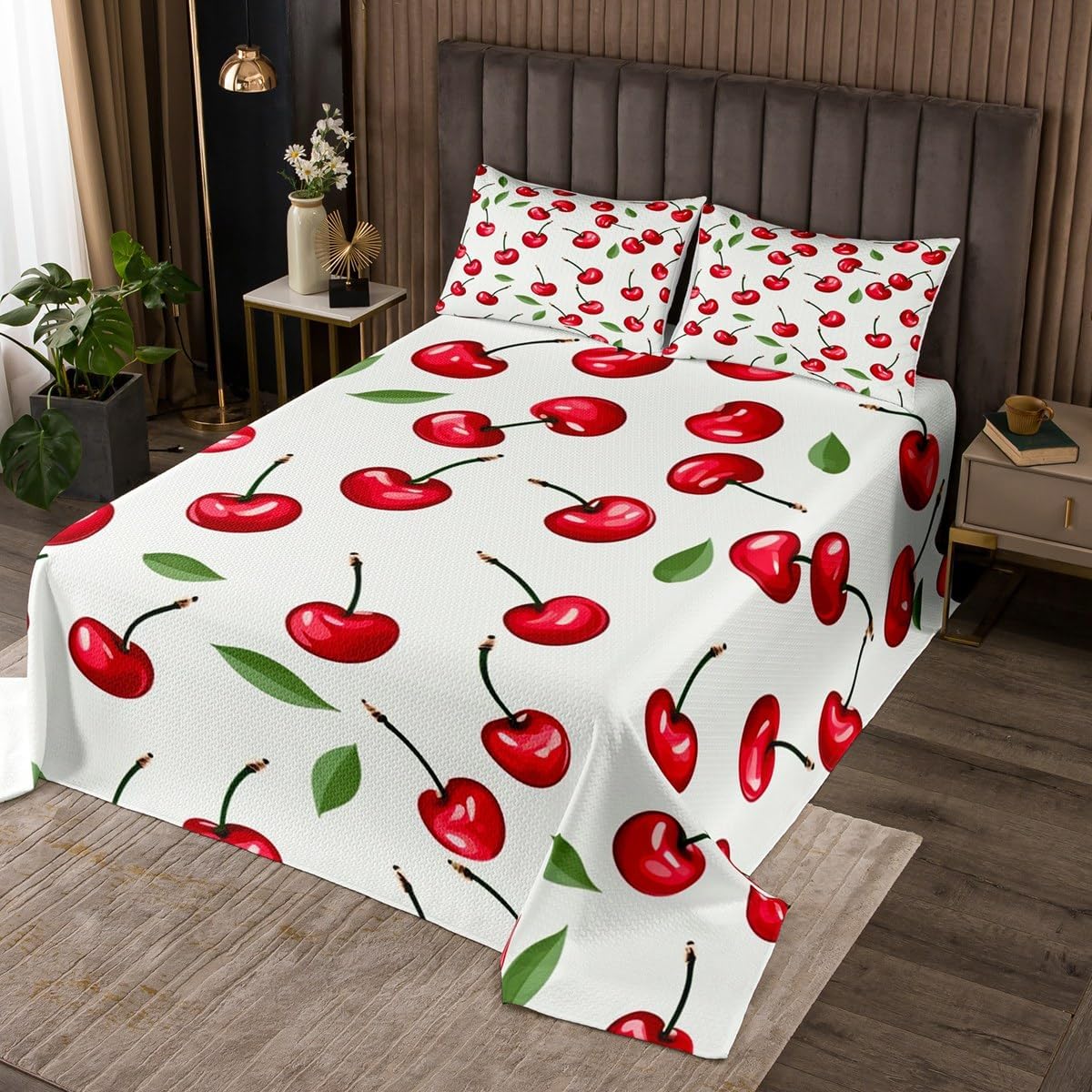 Homewish Cartoon Peach Bedspread Twin Size,Delicious Fruits Pattern Bedding Set,Kids Girls Boys Room Decor,Watercolor Tropical Sweet Fruits Quilt 2Pcs,White Modern Boho Coverlet Set,1 Pillowcase