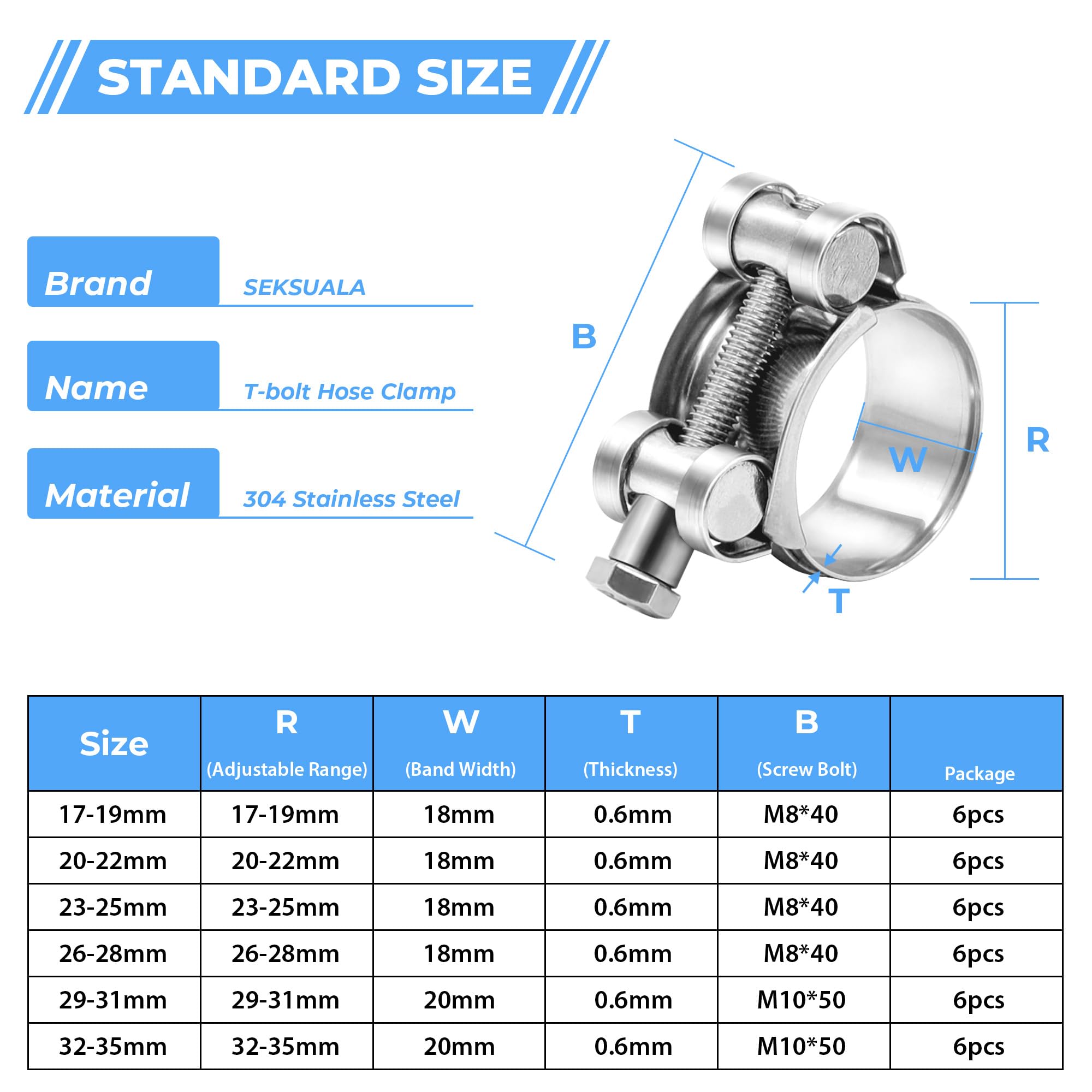 Confezione da 6 fascette stringitubo con bullone a T da 26-28 mm, in acciaio inox_304 Intercooler, morsetti per tubi turbo, morsetti per tubi per radiatori resistenti, morsetto per tubo di