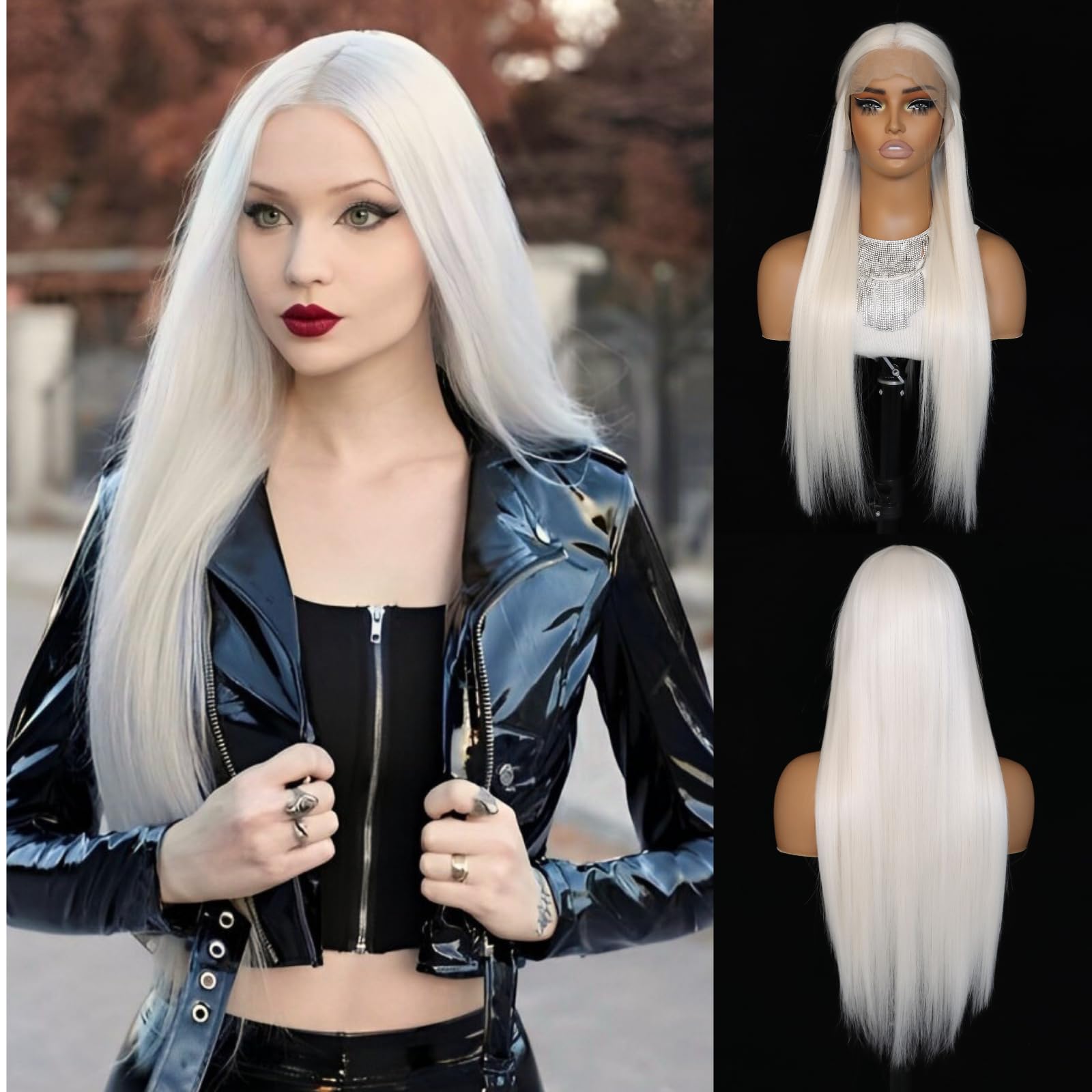 SALLYWELL Platinum White Long Straight Synthetic Wig 13×4 Lace Front Wigs For Women Long Platinum White Cosplay Wig Glueless Comfortable Breathable