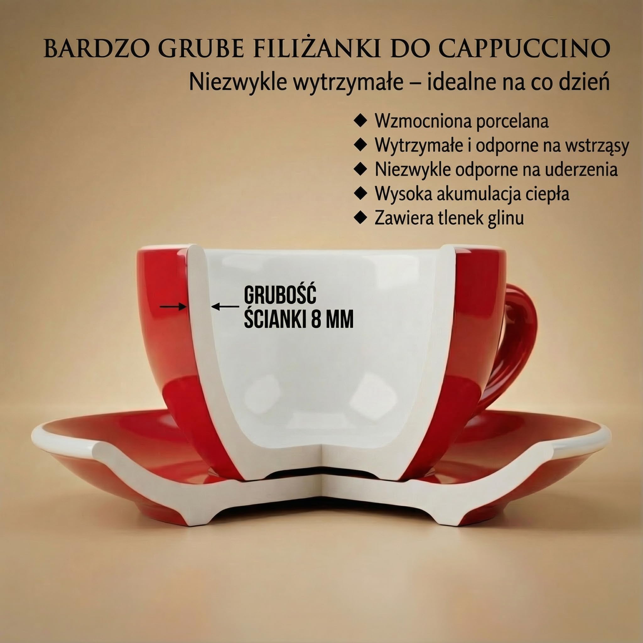 6 x filiżanki do cappuccino | Czerwone | Styl włoski | Gruboscienne i ciężkie | Nadają się do zmywarki | Zestaw 6 filiżanek do cappuccino z spodkami - Zestaw prezentowy