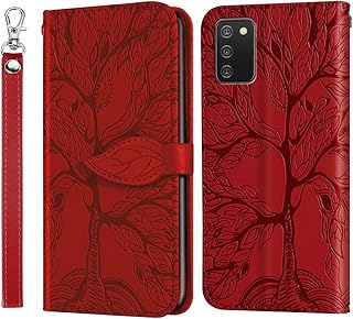 COTDINFOR Compatible with Samsung Galaxy A03S Wallet Case, Galaxy A03S Case Leather with Card Holder Magnetic Kickstand Wrist Strap Flip Shockproof Case for Samsung Galaxy A03S Life Tree Red