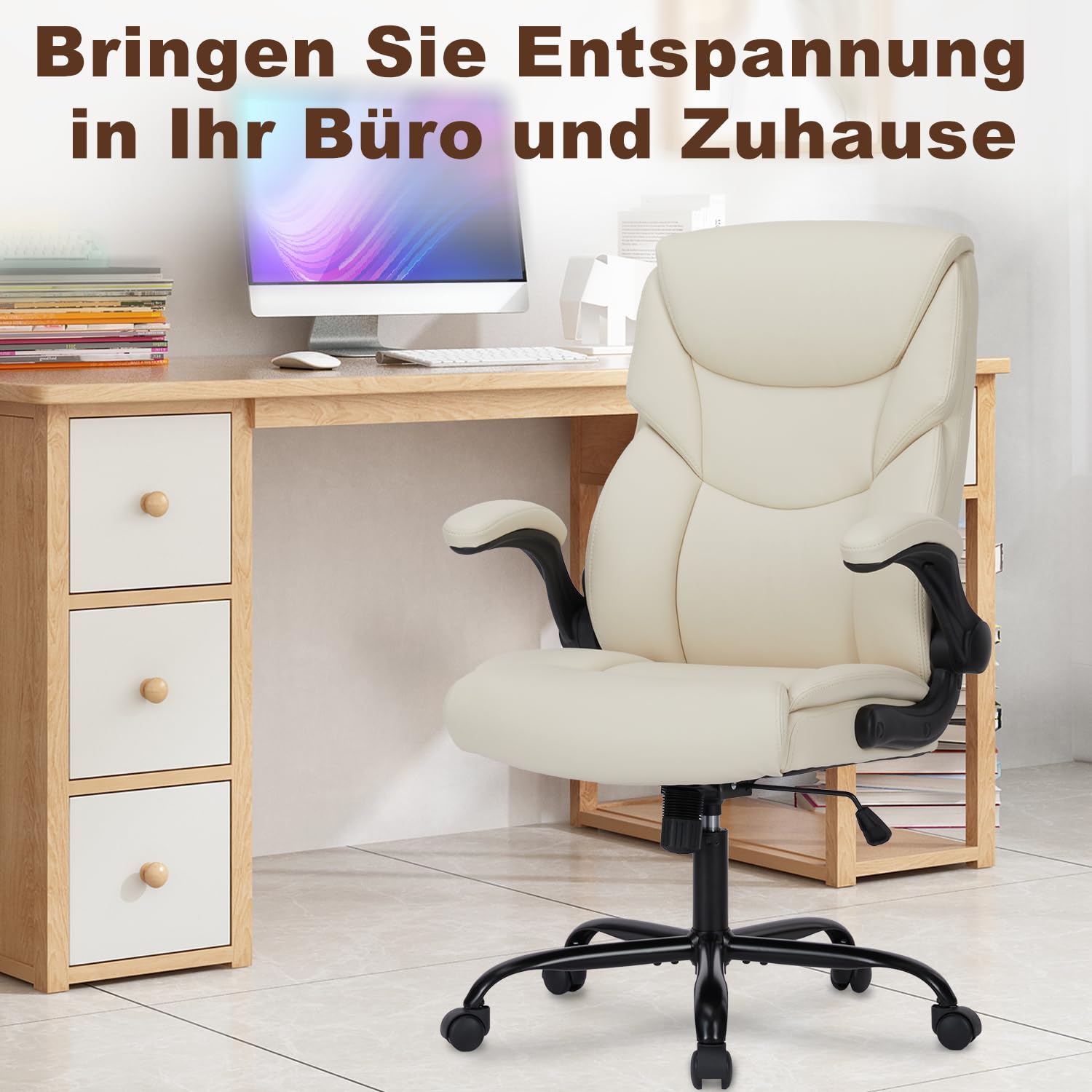 DUMOS Bürostuhl Pu-Leder Chefsessel mit Hochklappbaren Armlehnen Bürostuhle Leder mit Drehbaren Rädern Office Chair Ergonomic Geeignet für Büros Zuhause und Andere Umgebungen
