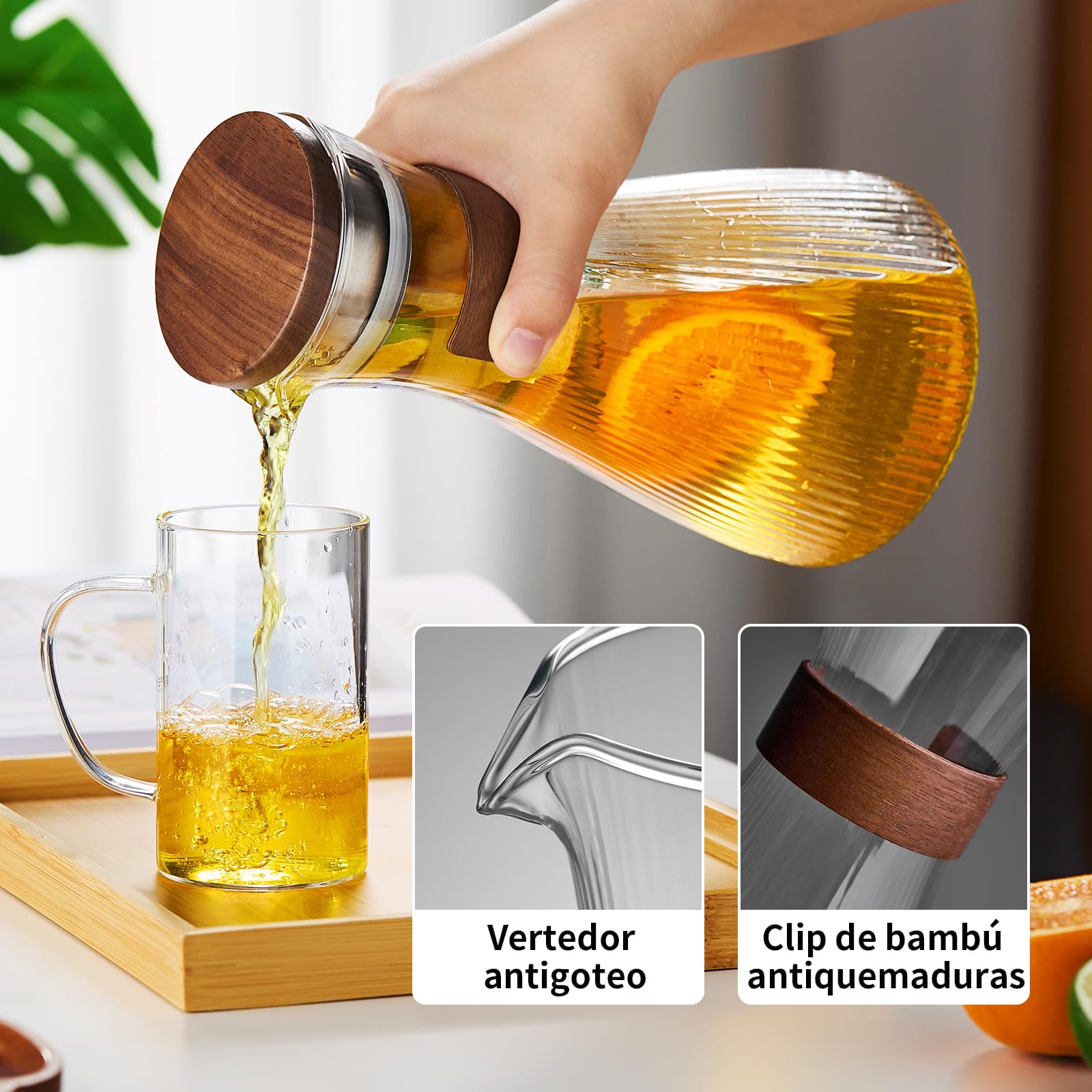 MESNEY Jarra Agua Cristal con Tapa, 1500ml Jarra de Agua Cristal de Borosilicato, Resistente al Calor, con Filtro de Acero Inoxidable, Apta para Nevera y Estufa