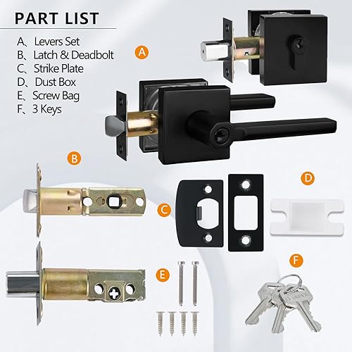 Miniatura 7 de NEWBANG Paquete de 3 unidades cuadradas de entrada con llave de alta resistencia con cerrojo y manija de puerta de palanca en negro mate (para
