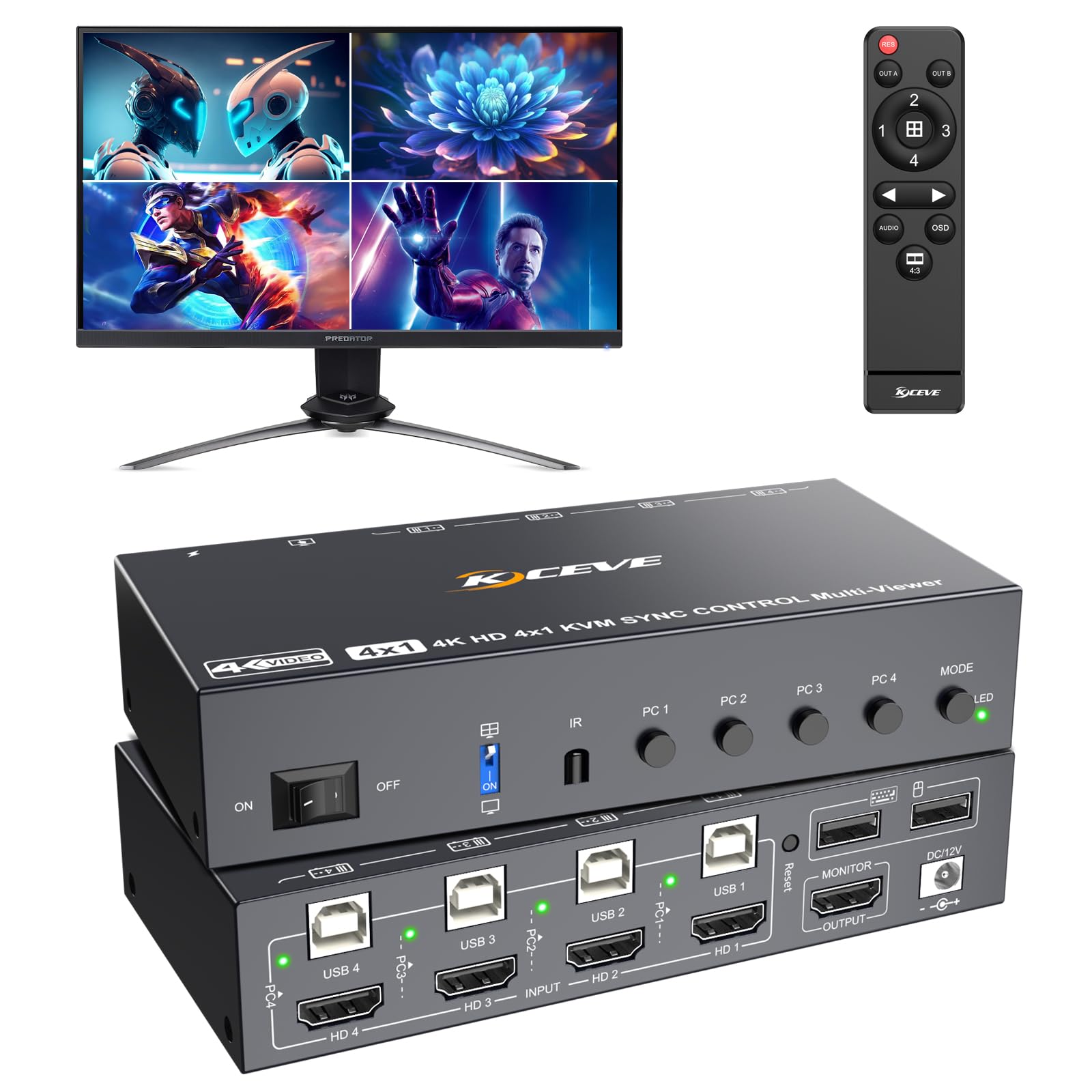 Quad View KVM Switch 4 Port HDMI, 4 Port Quad View KVM Switch | Multi Bildschirm, Gleichzeitig Anzeige, SYNC, Pip Mode, 4 PC 1 Monitor Mode, Wireless Remote(1080P 4 in 1 out KVM)