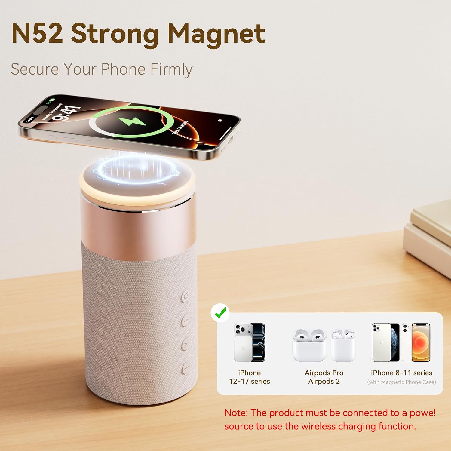 4-in-1 Portable Bluetooth Speaker, 15W Portable Speaker Magnetic Wireless Charger, Dimmable Night Light with Phone Stand, Wireless Charging for 17/16/15/14/13/12 Series AirPods Pro/3/2 Gifts for Women