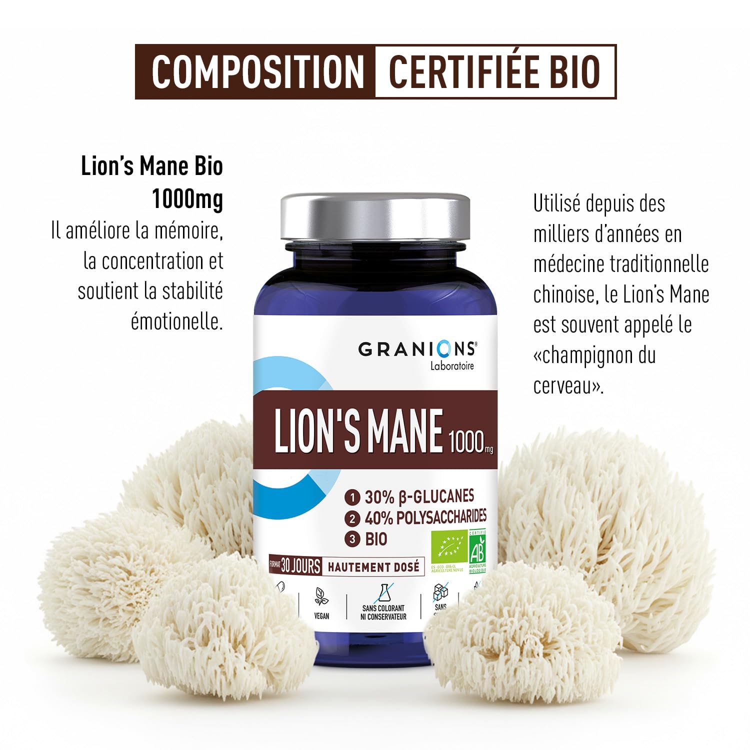 Granions Lion's Mane Bio 1000 mg | 90 Capsule Vegetali | 40% Polisaccaridi + 30% Beta-Glucani | KSM Hericium erinaceus | Vegan | Senza Glutine | Formato 30 Giorni | Certificato Bio