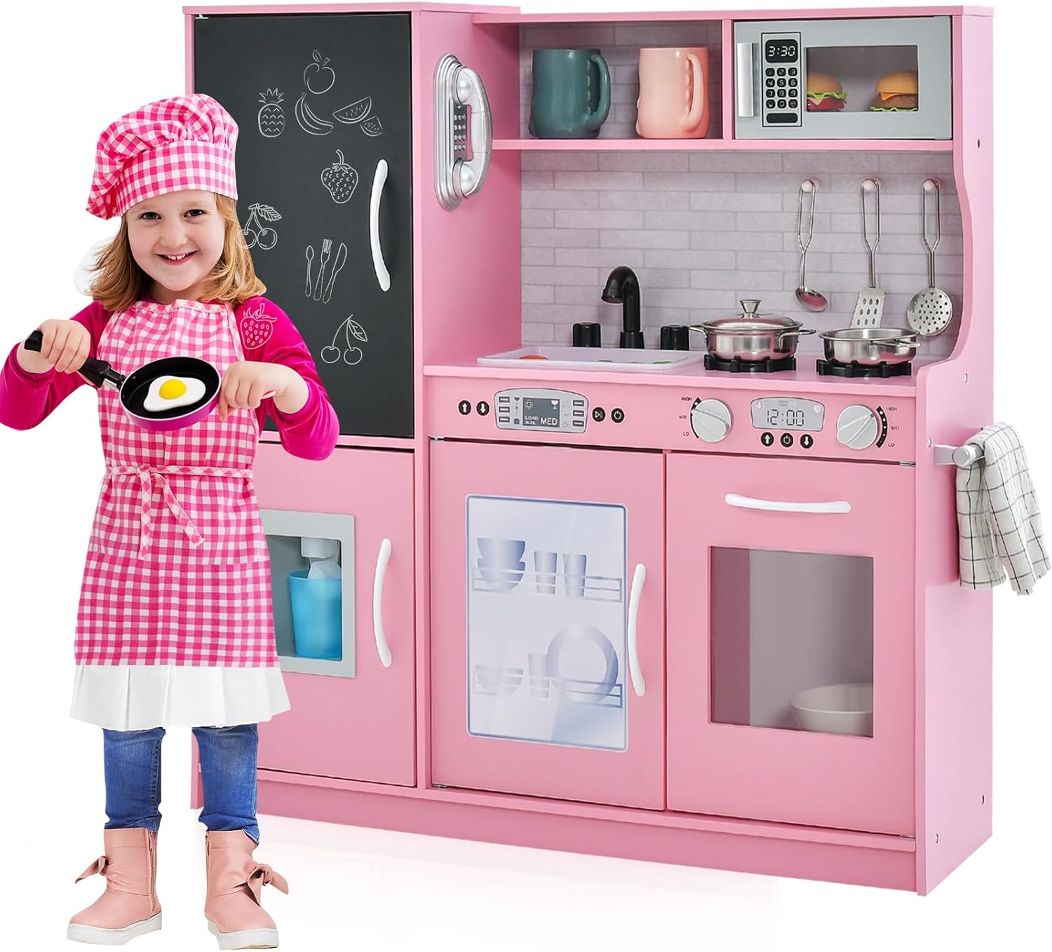 OLAKIDS Kids Kitchen Playset, Toddler Wooden Pretend Cooking Set with Sounds Chalkboard Fridge Ice Maker Microwave Oven Stove Telephone Sink, Simulation Chef Play Toy Gift (Pink)