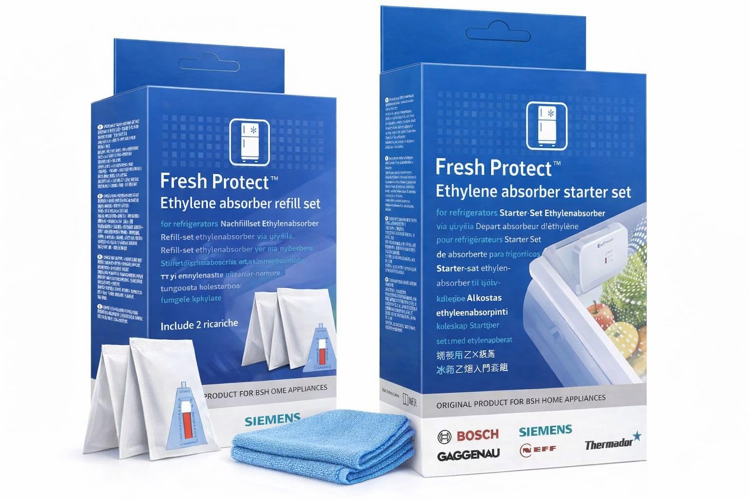 Kit Avviamento Fresh Protect con Ricarica e Panno Microfibra – Filtro Assorbitore Gas Etilene per Frutta e Verdura – Mantiene Freschezza al Frigorifero compatibile con Bosch Siemens Neff