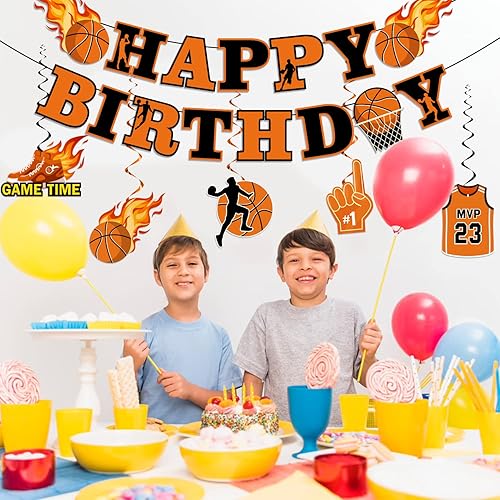 Miniatura 8 de Decoraciones de fiesta de baloncesto, pancartas de feliz cumpleaños y decoraciones de remolino colgante de baloncesto, suministros de fiesta de