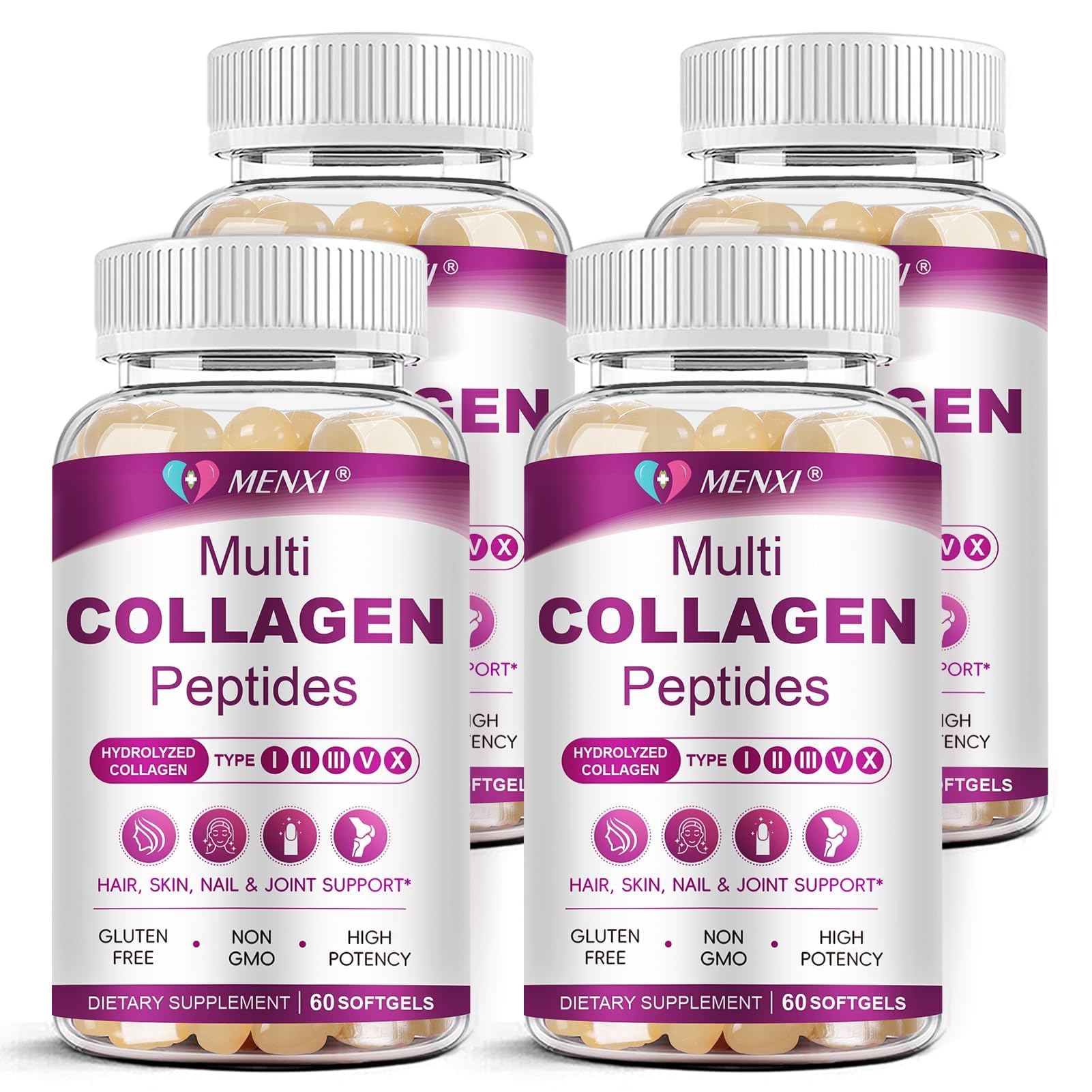 Multi Collagen Peptides Softgel for Women & Men - Type I II III V X, 240 CT 60 Count (Pack of 4)