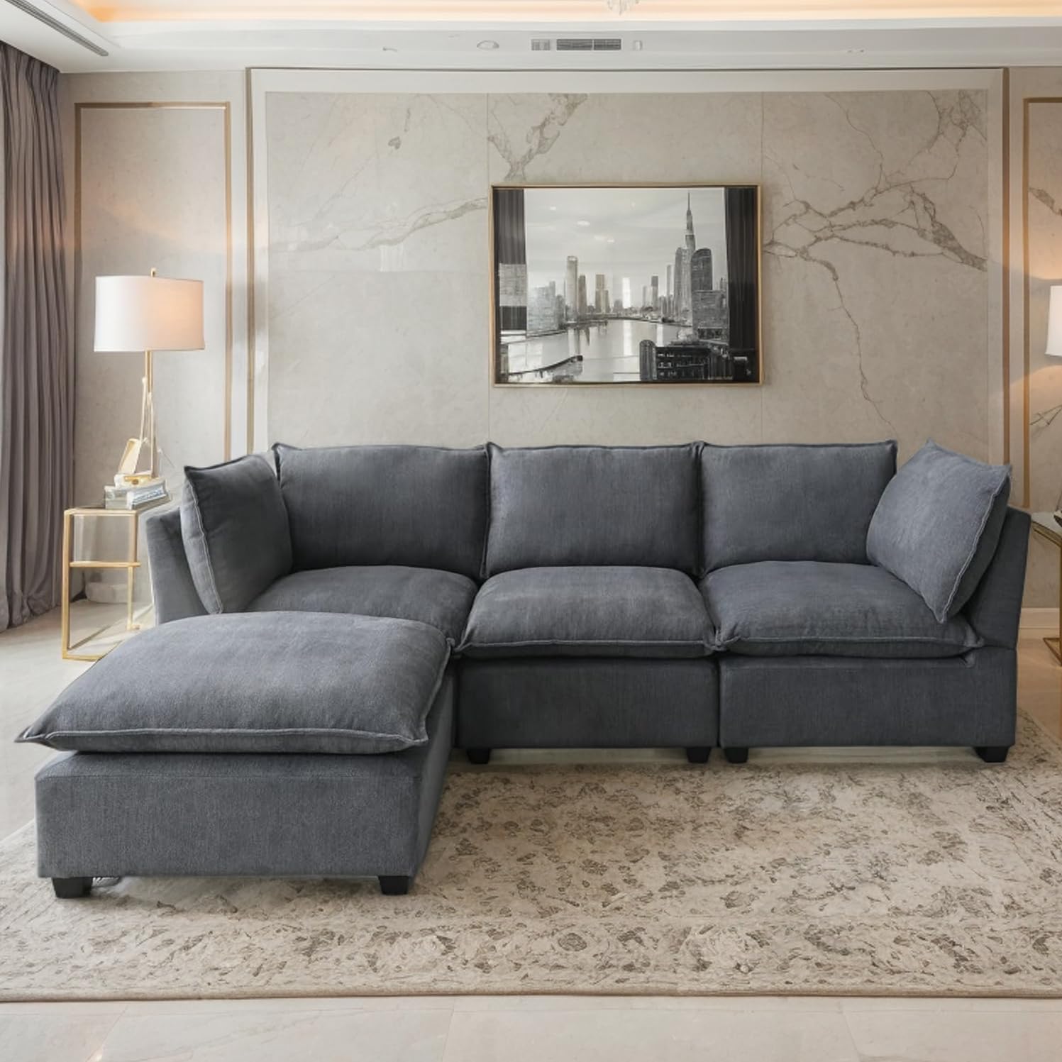 99" Oversized Chenille Modular Sectional Sofa, Deep Seat Modern Cloud Sectional Couches with Ottoman, High-Resiliency Foam,Convertible Couches for Living Room (Grey, L Shpae) | Sectional