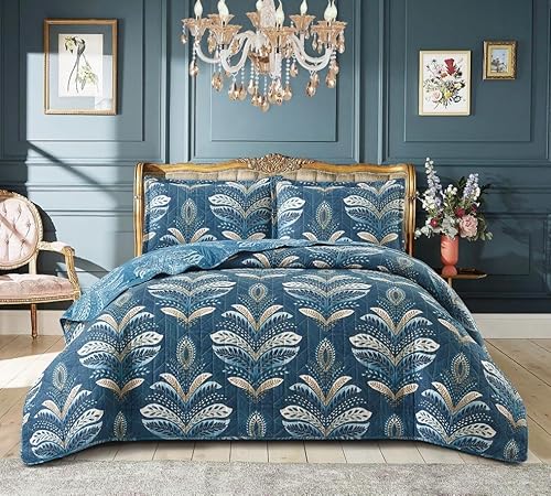 Householdfurnishing 3 Piece Printed Patchwork Bedspread Quilted Bed Throw Comforter with Pillow Shams (Jasmine Teal, Super King)