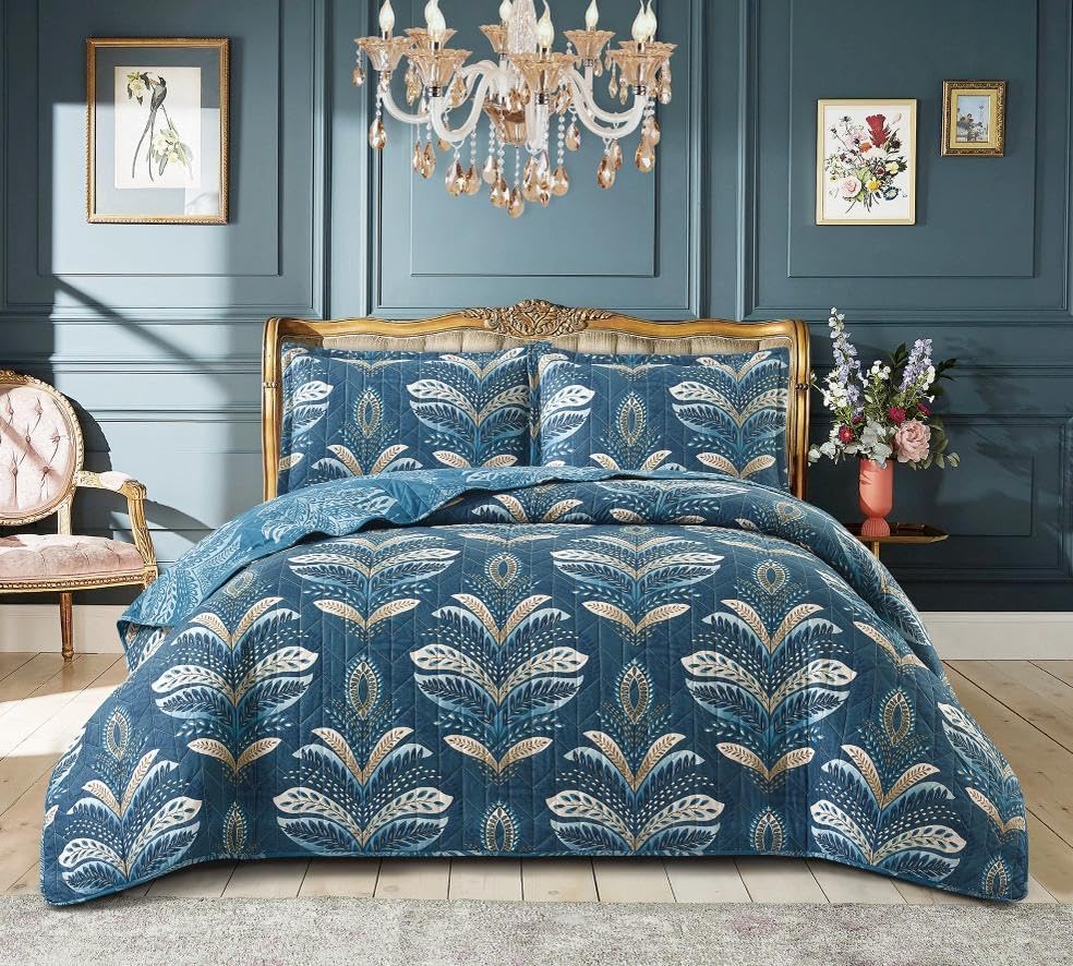 Householdfurnishing 3 Piece Printed Patchwork Bedspread Quilted Bed Throw Comforter with Pillow Shams (Jasmine Teal, Single)