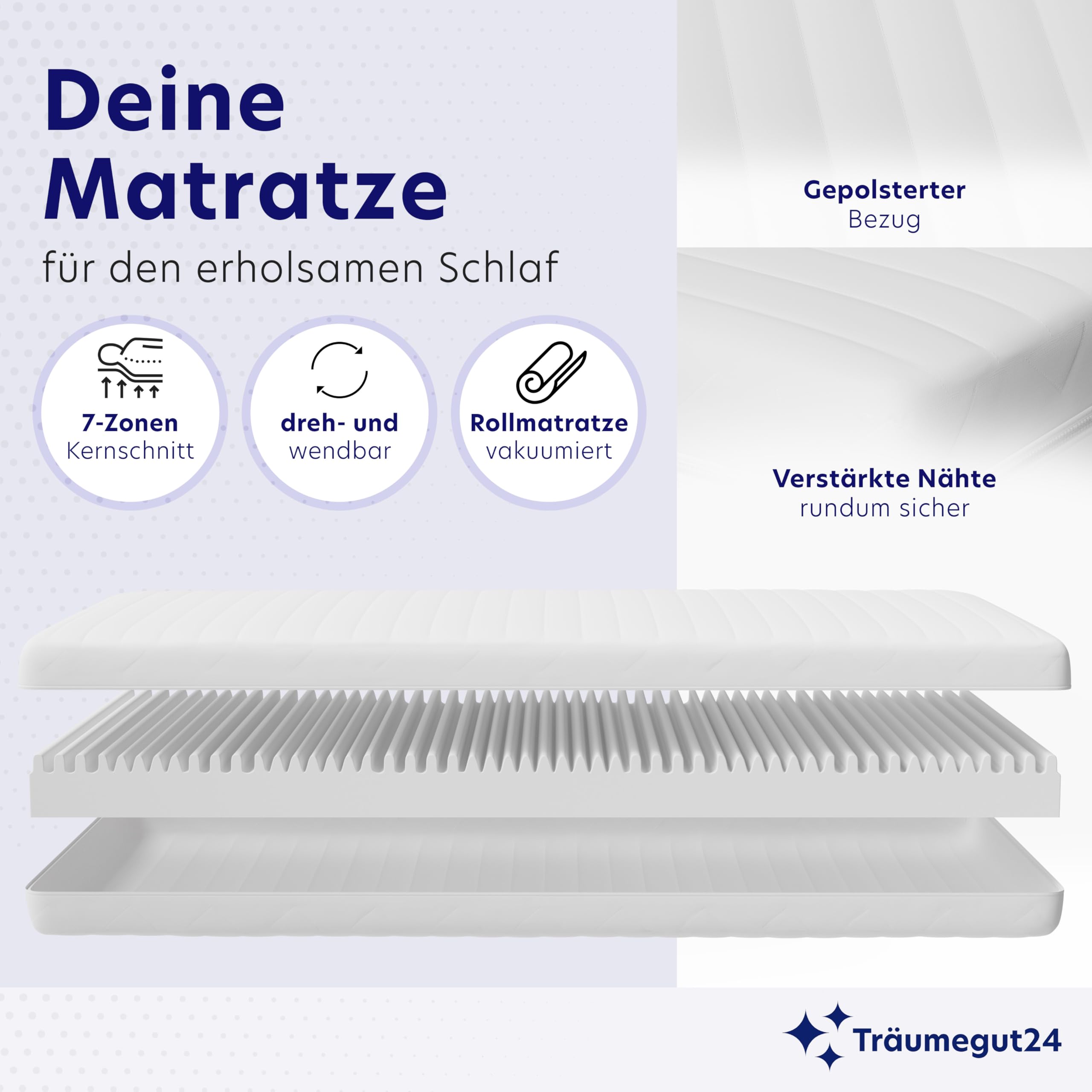 Träumegut24 - ergonomische 7-Zonen Matratze 90x200 cm | Größe + Höhe wählbar | Härtegrad H2&H3 | Kaltschaummatratze | Hautfreundlicher Bezug | Oeko-TEX® | (90 x 200 cm, 11 cm)