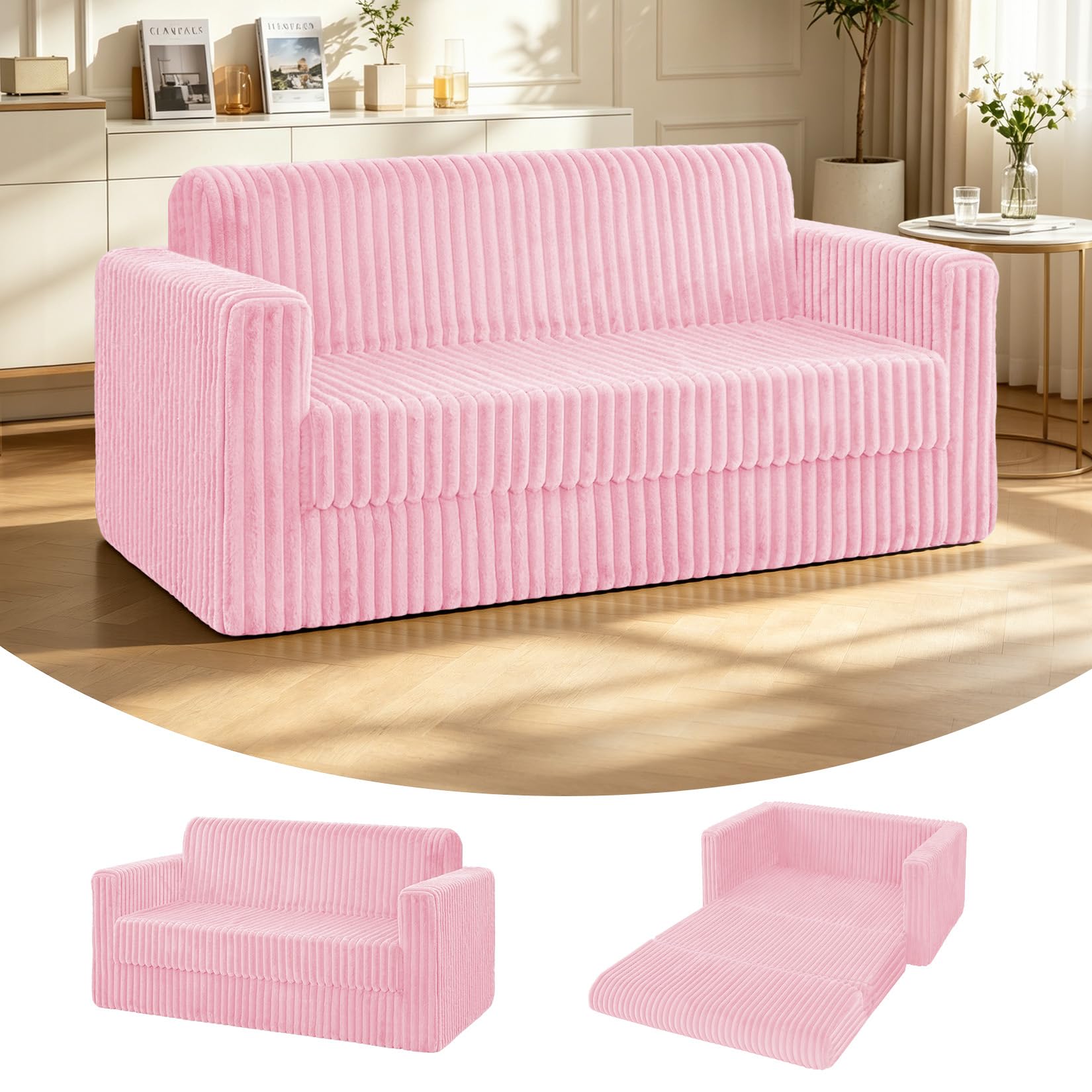 HABUTWAY 49.8" Loveseat Boneless Couch, 4-in-1 Convertible Sofa Bed, Plush Fur Folding Futon Sofa Bed Couches Without Pillow for Living Room, High-Density Foam Support, No Assembly Required, Pink