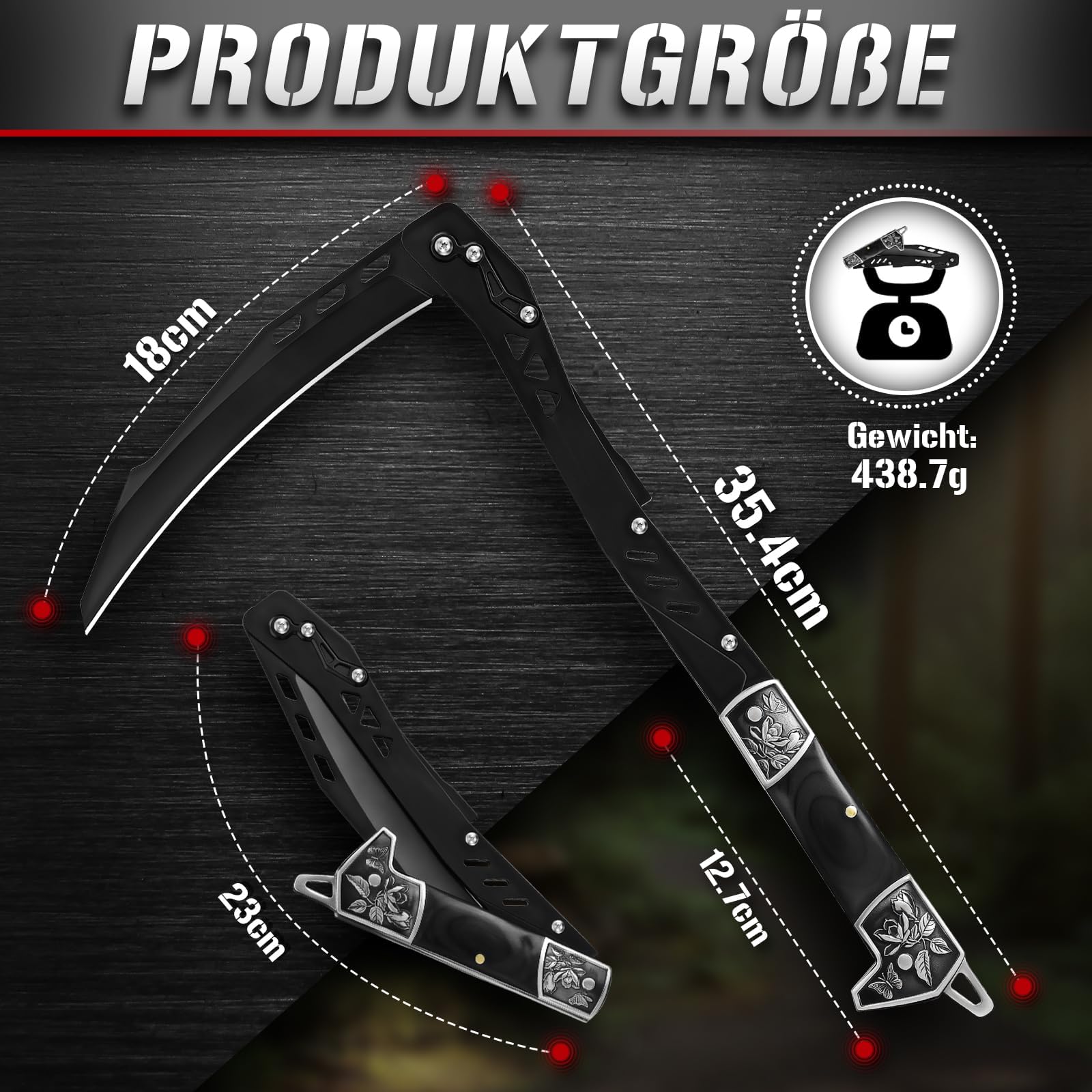 DRGSKL Faltbar Sense mit Scheide Schwarze Outdoor Klappbare Sichel für Gras und Unkraut Retro Sharp Sichel Garten Geschenk für Männer Einzige Klinge