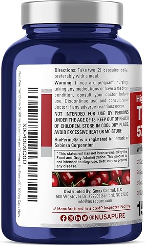 Miniatura 3 de NusaPure Cápsulas vegetales de cereza agria  57,200 mg  150 píldoras  Potencia máxima  Vegano, sin OMG, sin gluten  Extracto de jugo de cereza ácida