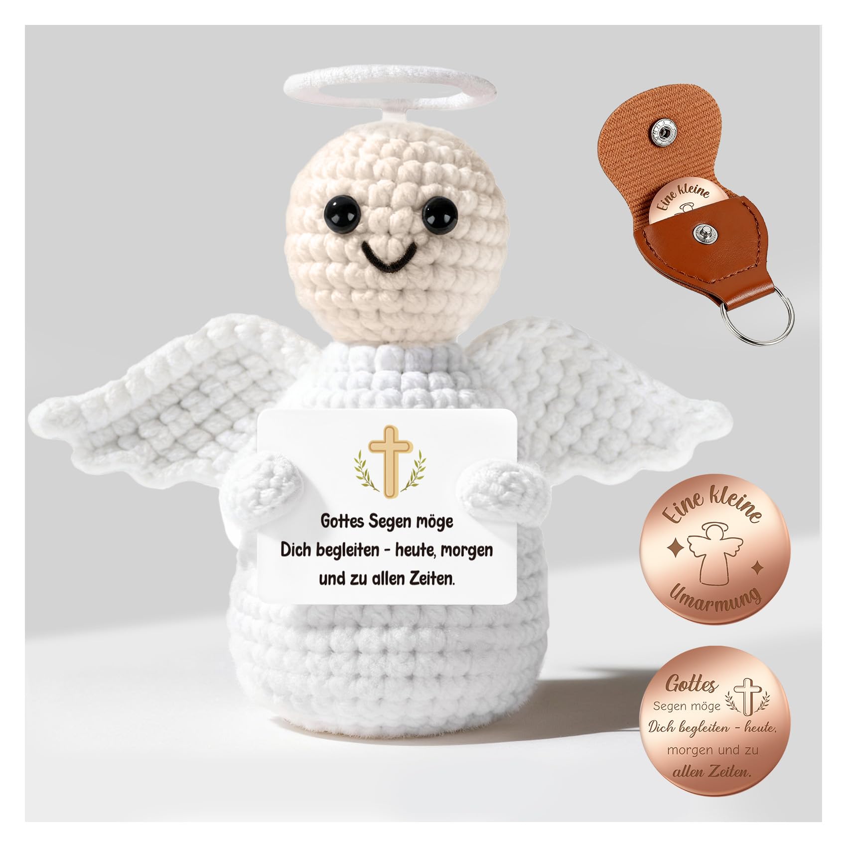 Giftota Pocket Hug Schutzengel - Handgehäkelte Schutzengel Puppe mit Glücksmünze & Lederetui - Kommunion, Konfirmation, Taufe Geschenke - Glücksbringer, Mutmacher, Gute Besserung Geschenk