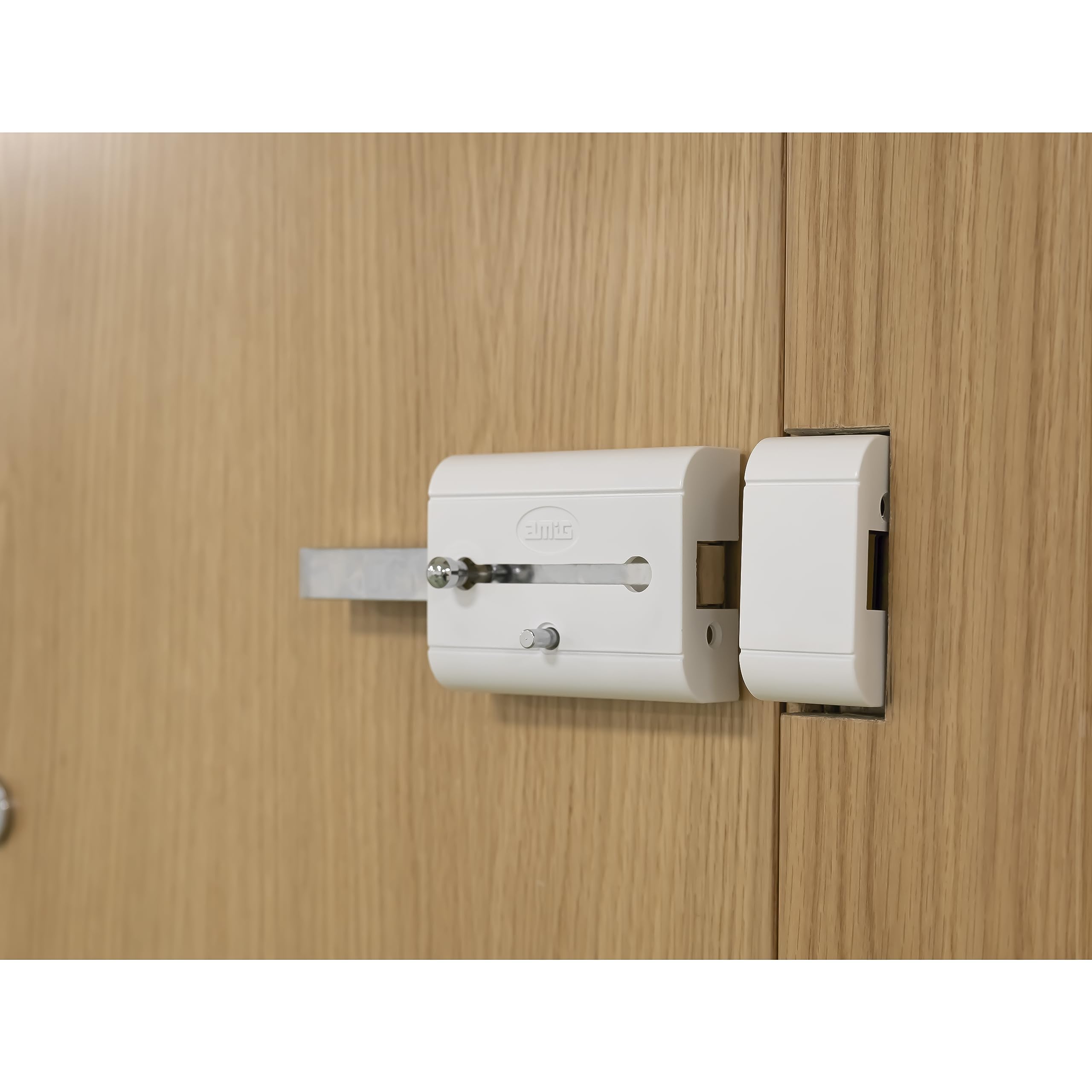 Amig - Verrou de suralimentation haute sécurité pour portes en bois | 98 x 77 mm | Avec cylindre rond de sécurité et verrou | Protection pour votre maison | Acier blanc