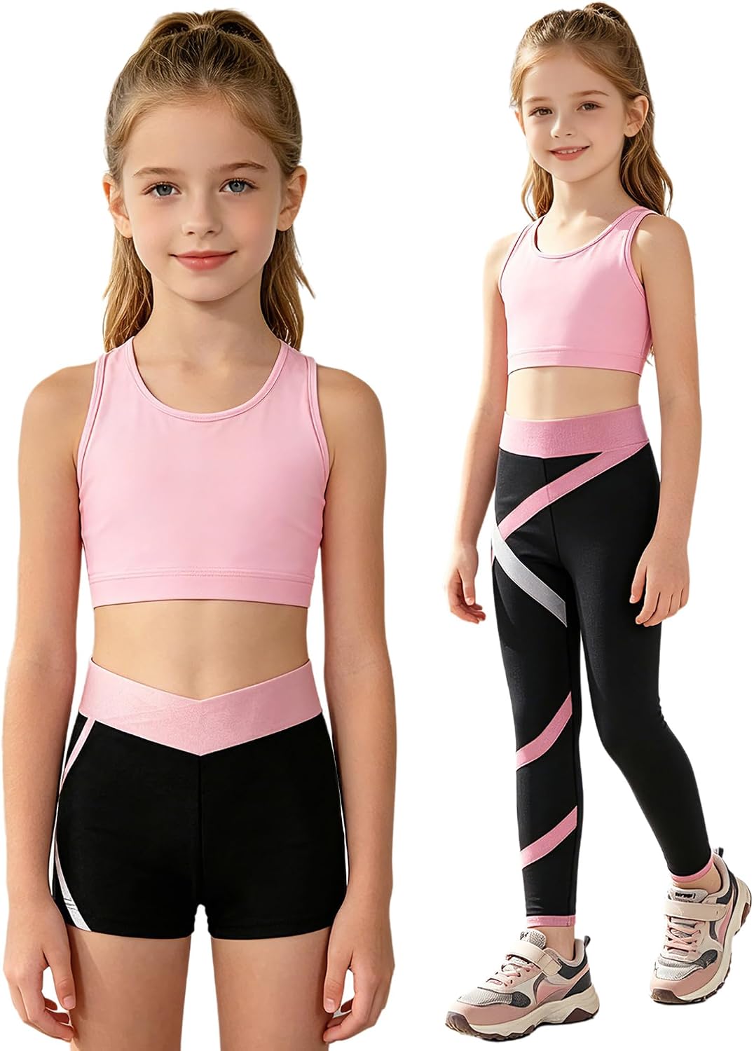 TiaoBug 3 Pcs Kids Girls Dance Sport Outfit Cutout Back Crop Top with Athletic Shorts Pants Set Gymnastic Suit