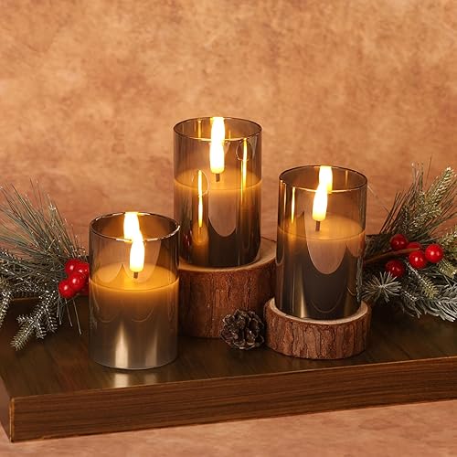 Miniatura 7 de Velas votivas sin llama de vidrio gris con temporizador remoto, velas LED parpadeantes de cera real, juego de 6  2 pulgadas de alto 3 pulgadas