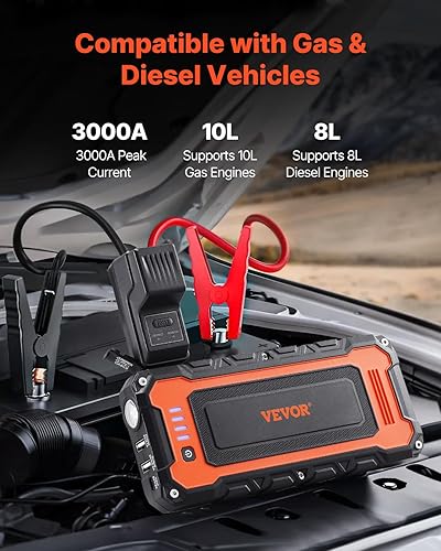 Miniatura 2 de VEVOR Arrancador de salto, pico de 3000 A, batería de arranque de batería, batería portátil con cables de puente de compresor de aire, pantalla LCD,