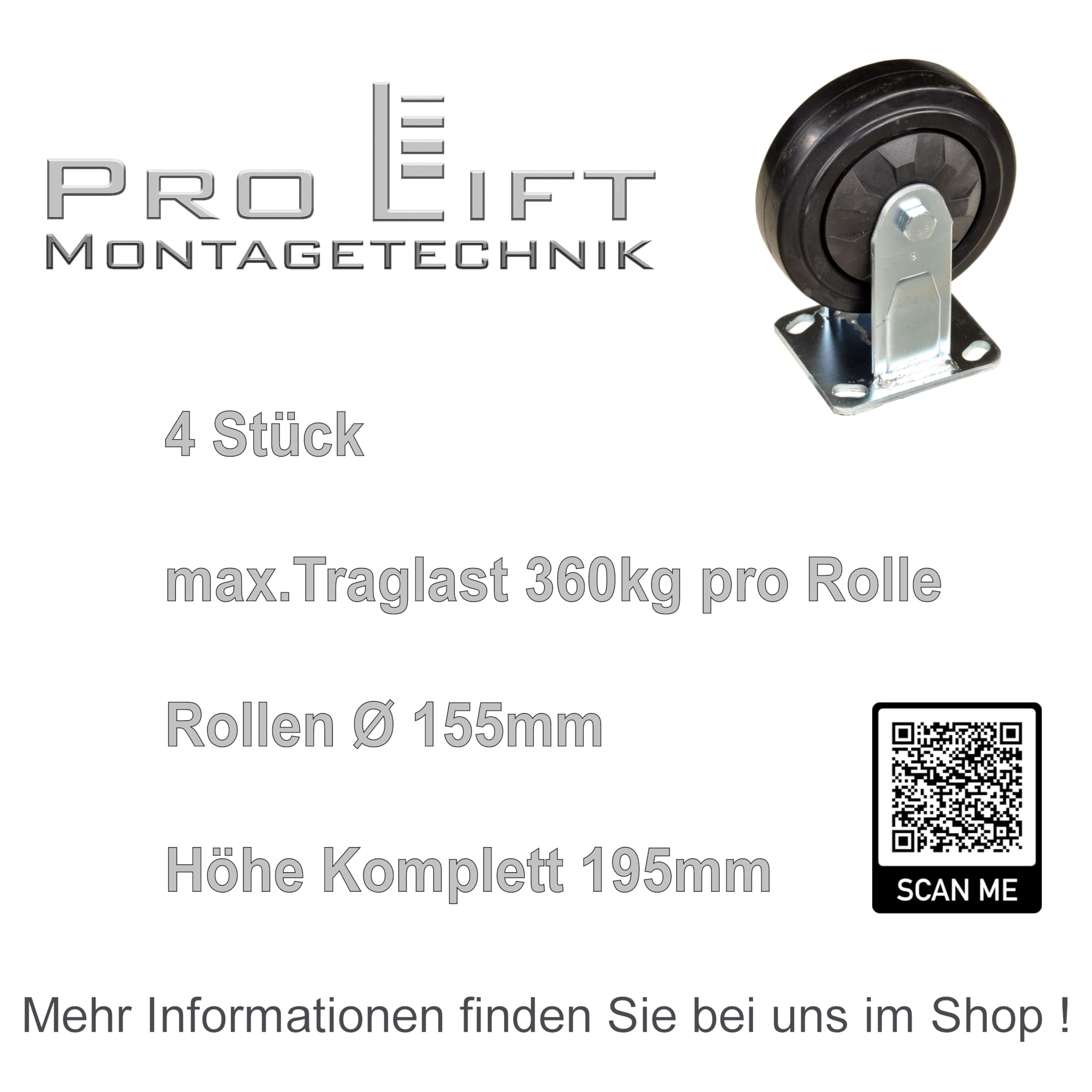 4 Stück: je 360kg Bockrollen, Schwerlastrollen, Gummi-Rollenbelag, 01674