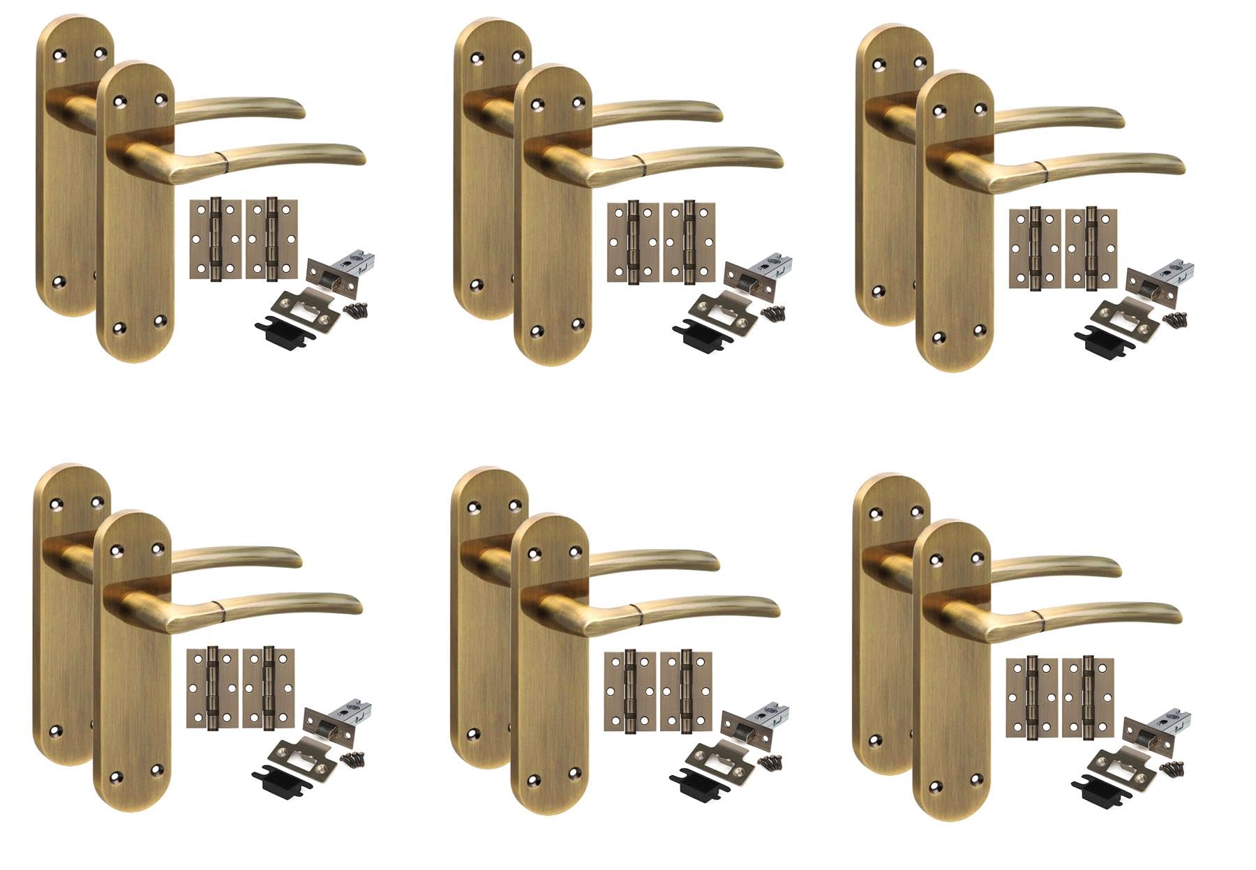Golden Grace Antique Brass 6 Pair Victorian Long Plate Indiana Design Internal Door Handle Sets 182 X 45Mm With 2.5" Latch & Hinges
