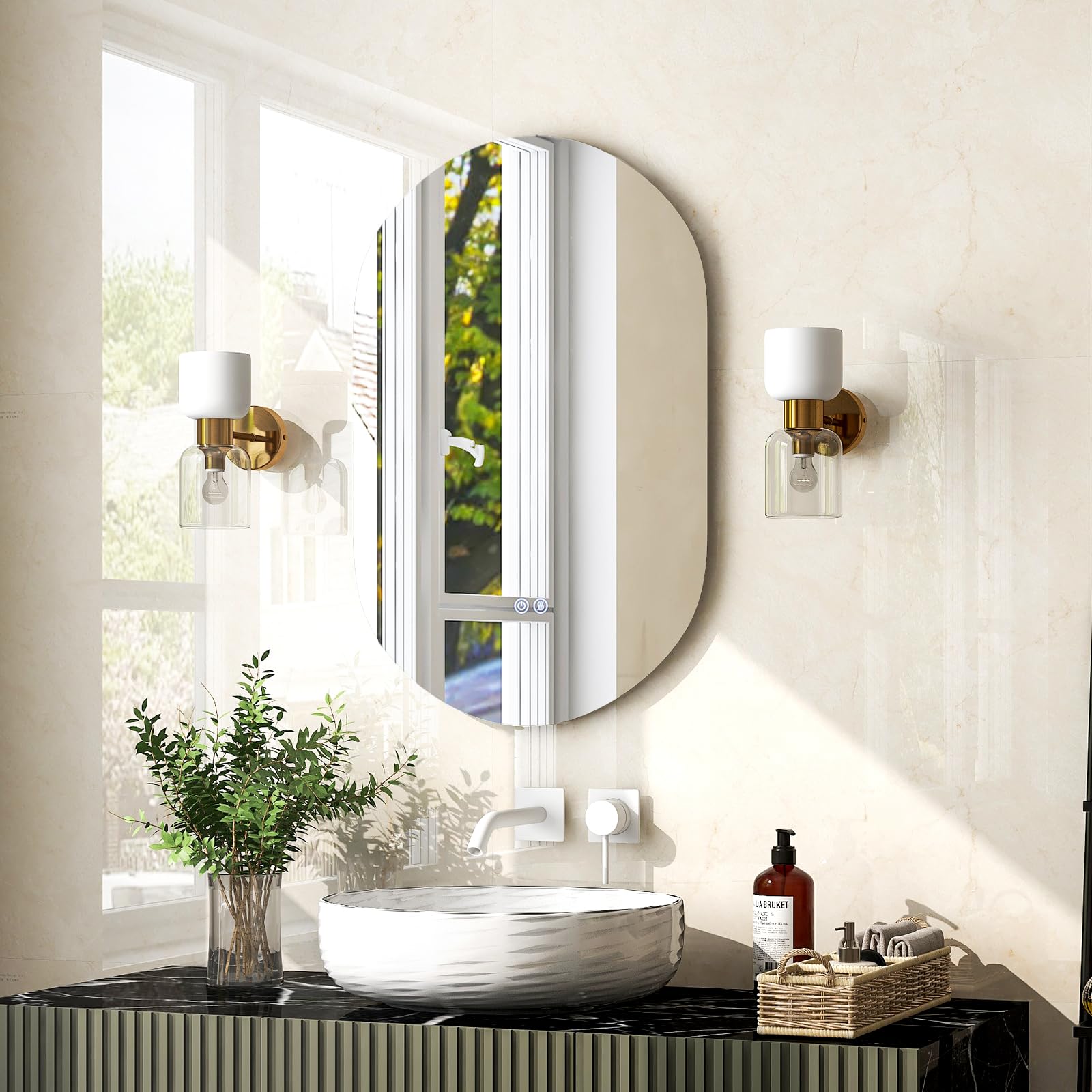 COSTWAY Espejo de Pared LED Ovalado de 80 cm x 50 cm, Retroiluminado y Ajustable en Intensidad, Espejo con 3 Luces de Color e Botón Táctil Inteligente, Antiniebla y a Prueba de Explosiones