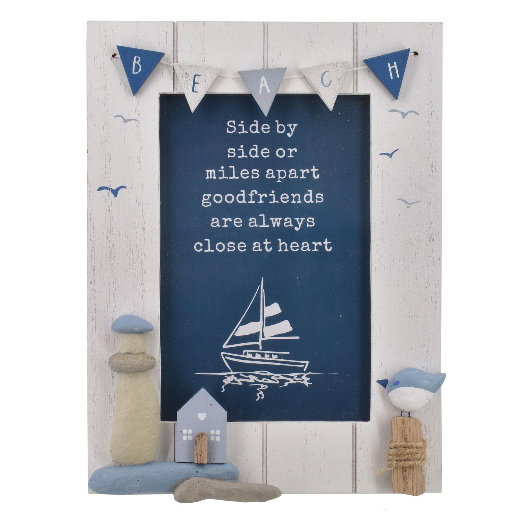 Nautical 4x6 Photo Frame | 6x4 Wooden Coastal Beach Picture Frame with Bunting, Lighthouse & Seaside Detail