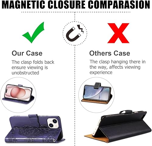 Miniatura 10 de DiGPlus Funda tipo cartera para iPhone 15 Pro Max, estampado de mariposas y flores Funda de cuero de primera calidad con ranuras para tarjetas,